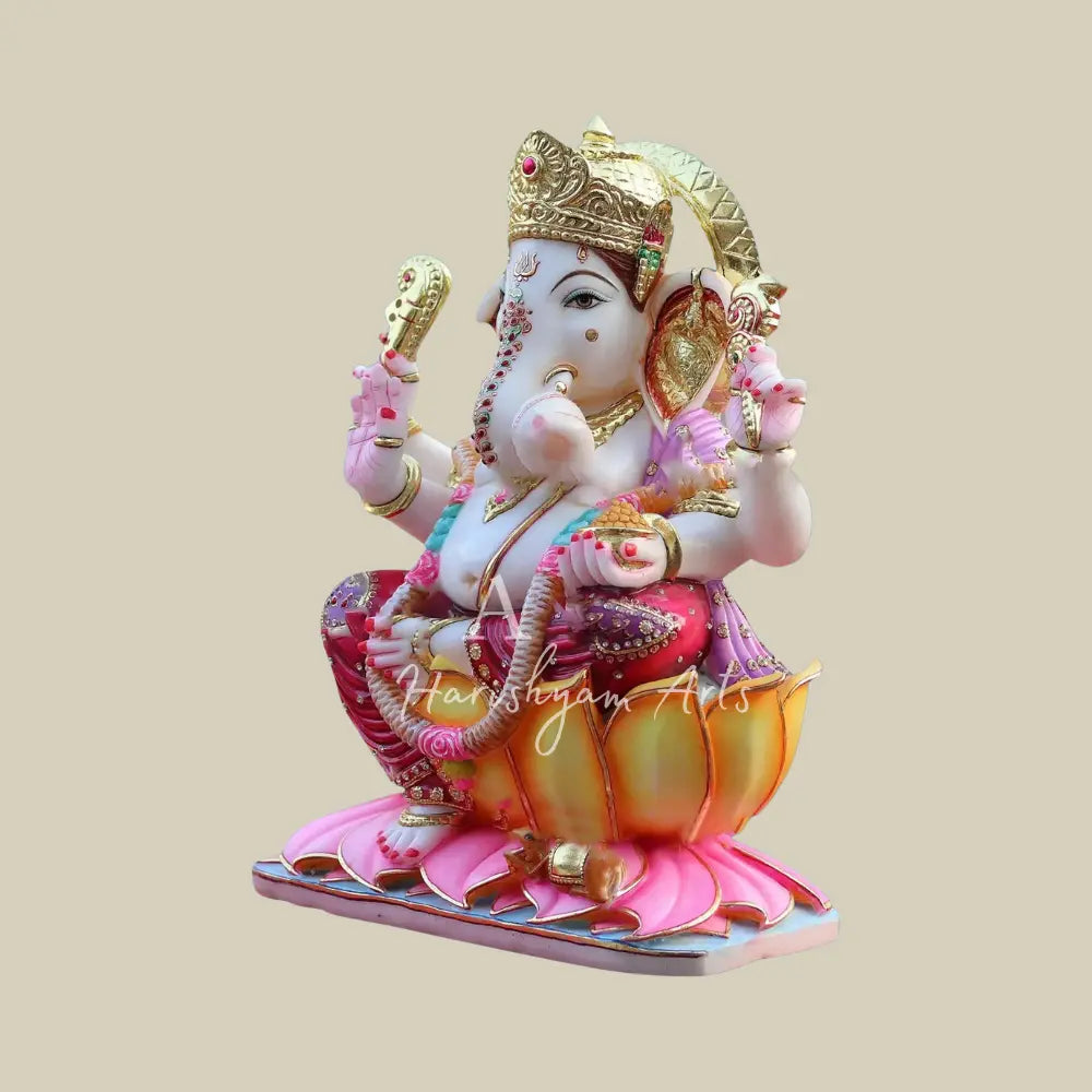 24" elegant Ganapati Sitting On Lotus Marble Statue