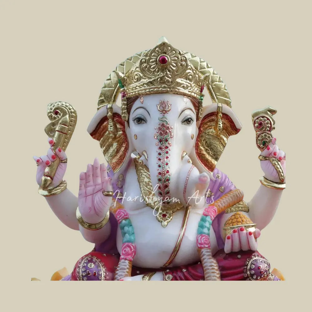 24" elegant Ganapati Sitting On Lotus Marble Statue