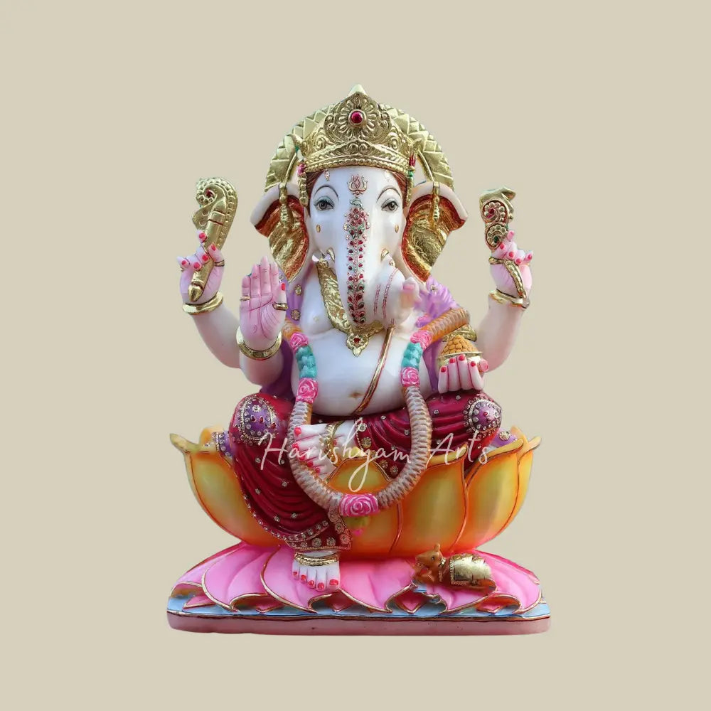 24" elegant Ganapati Sitting On Lotus Marble Statue