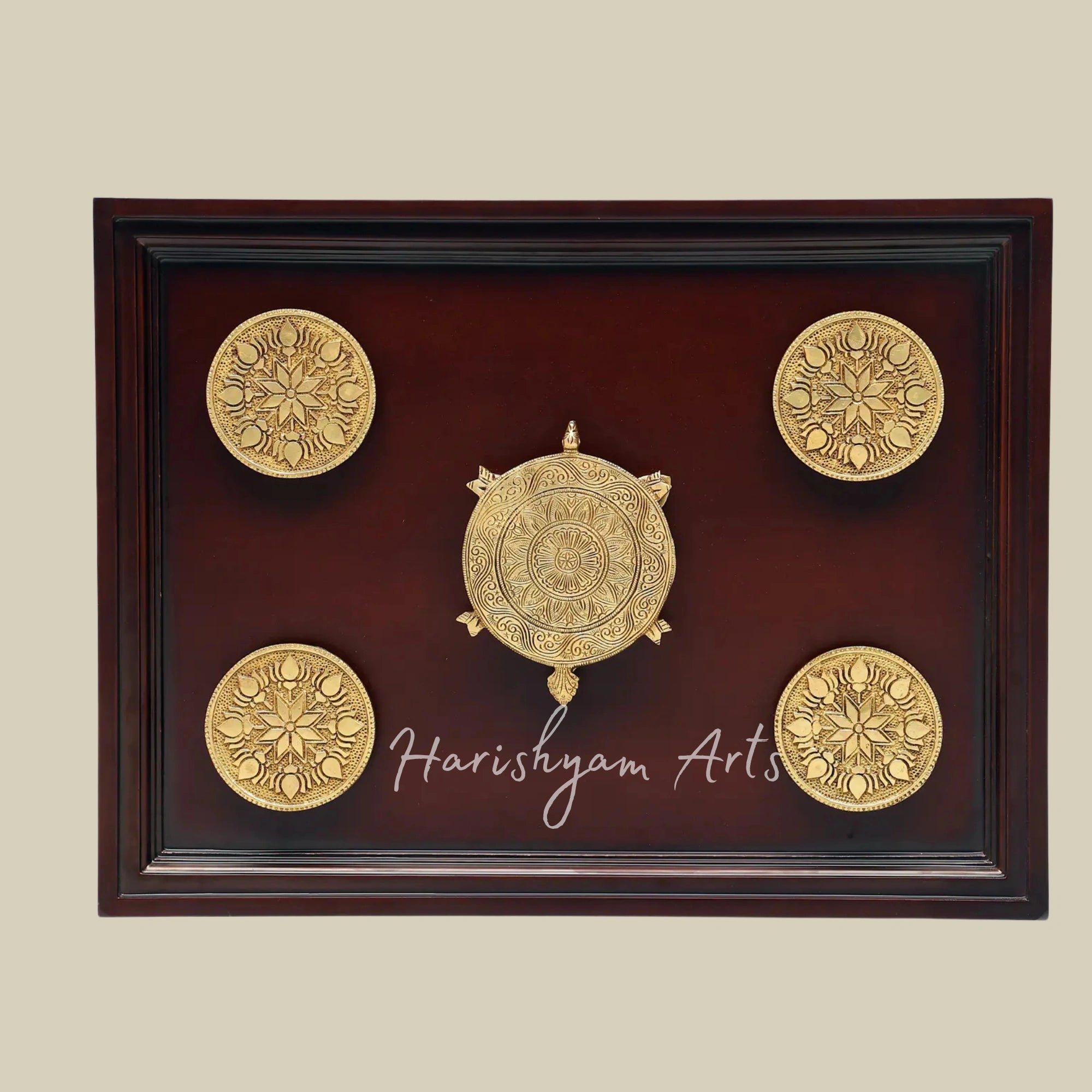 20"  Brass Tortoise with Lotus Flowers and Decorative Wooden Frame