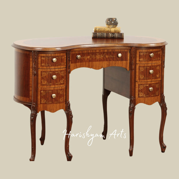 Classic French Style Vintage Desk featuring Solid Wood Construction, Decorative Marquetry and Brass Knob Handles