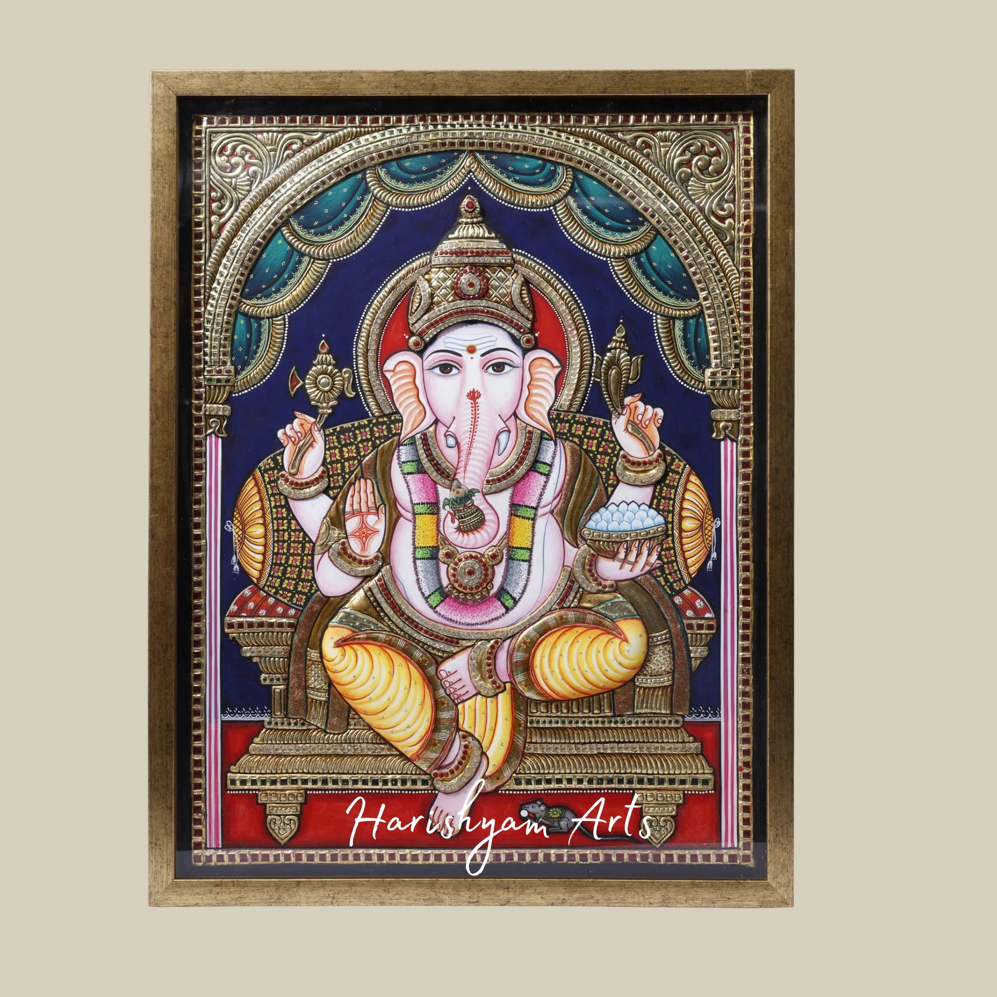 25" Chaturbhuja Lord Ganesha Tanjore Painting Seated on Throne with Traditional Colors