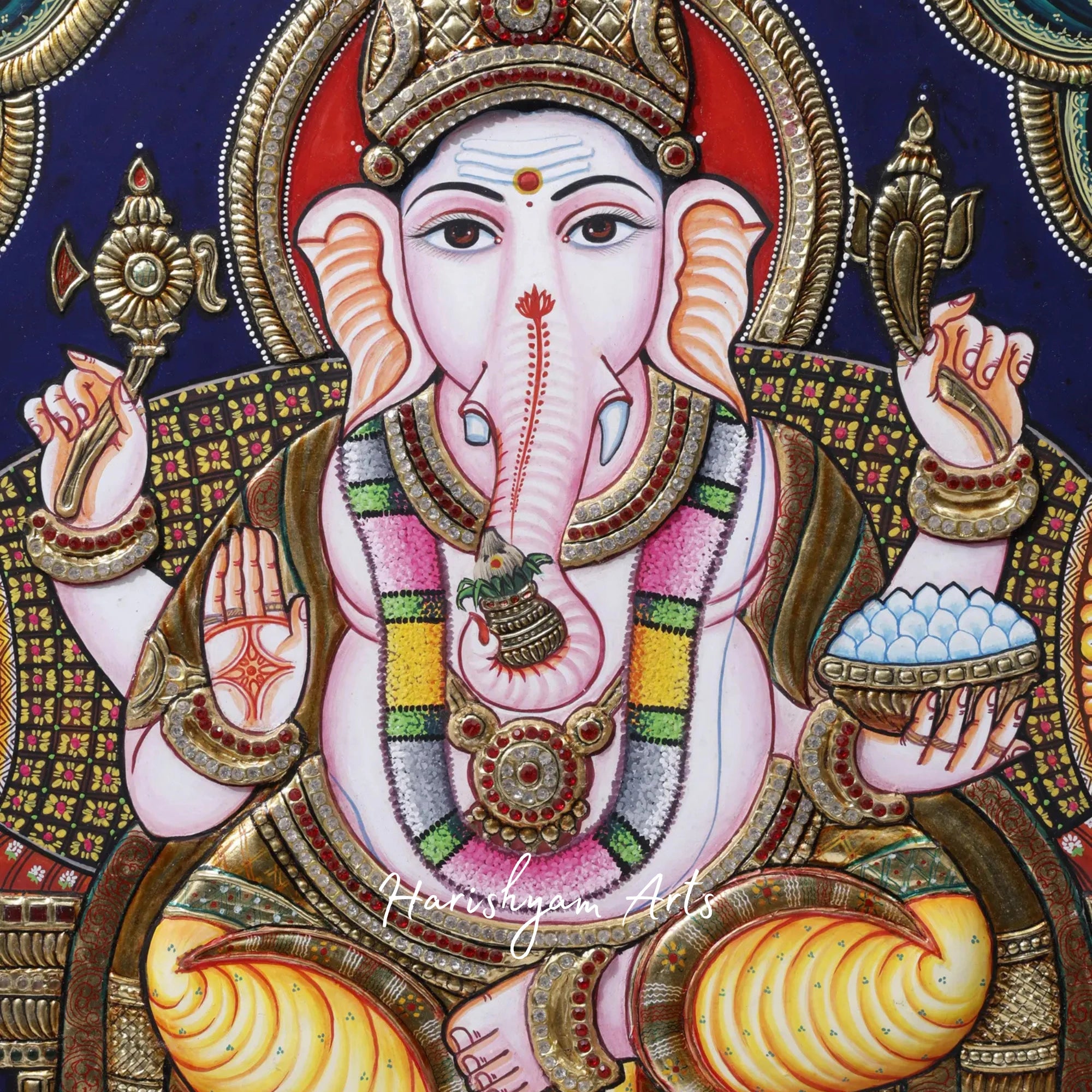 25" Chaturbhuja Lord Ganesha Tanjore Painting Seated on Throne with Traditional Colors1