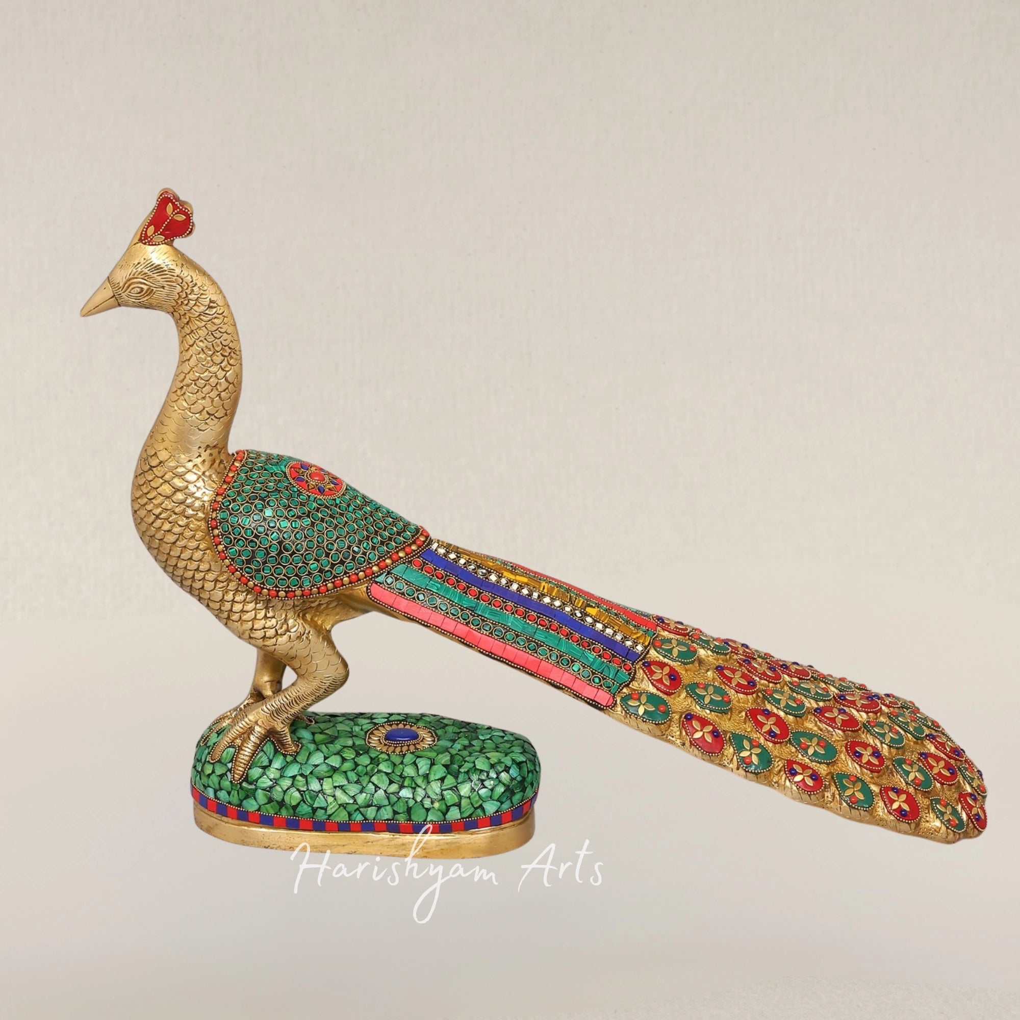 25" Elegant Brass Peacock Sculpture with Intricate Inlay Detailing