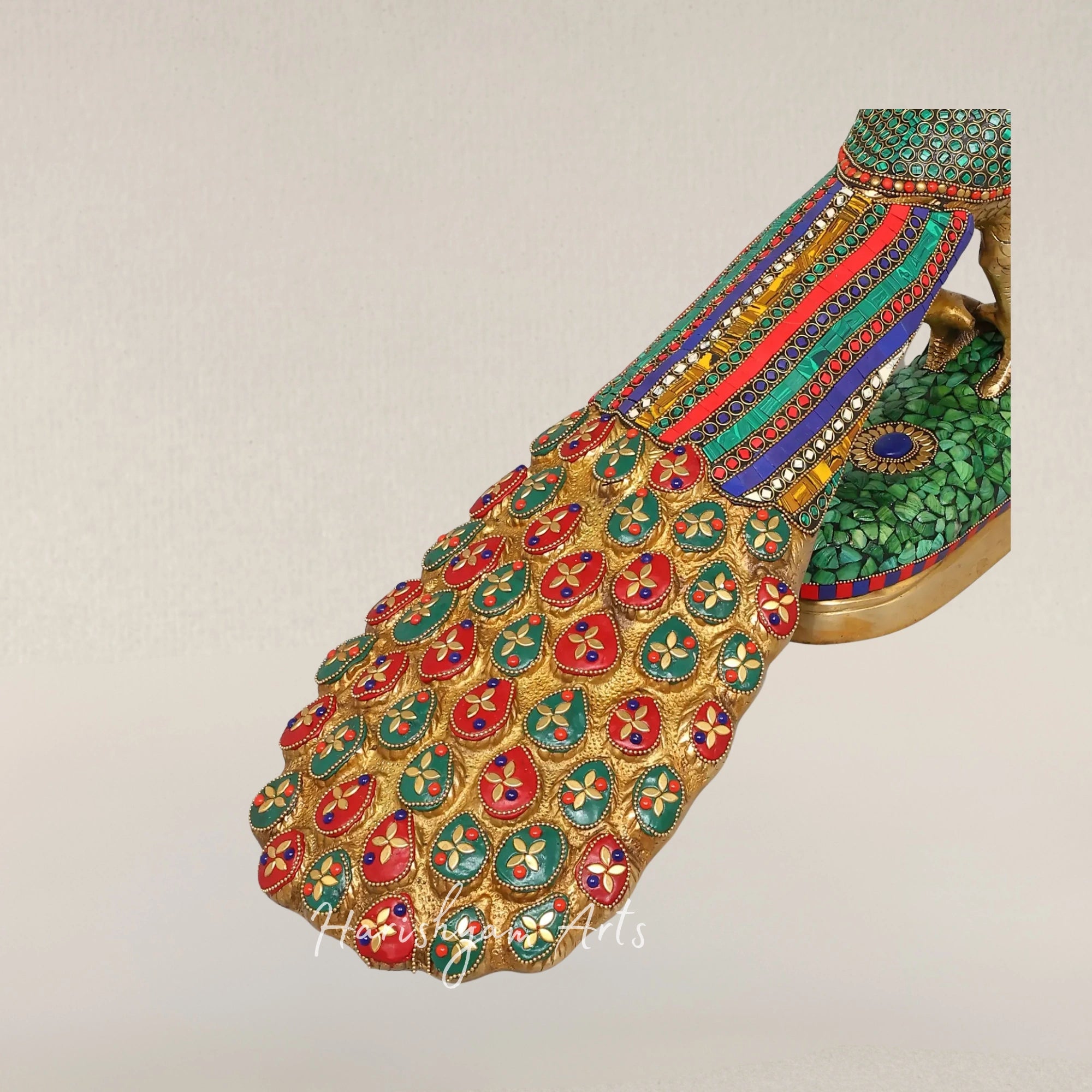 25" Elegant Brass Peacock Sculpture with Intricate Inlay Detailing