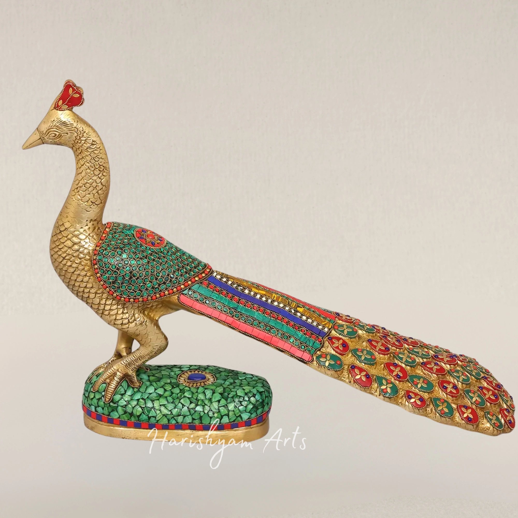 25" Elegant Brass Peacock Sculpture with Intricate Inlay Detailing