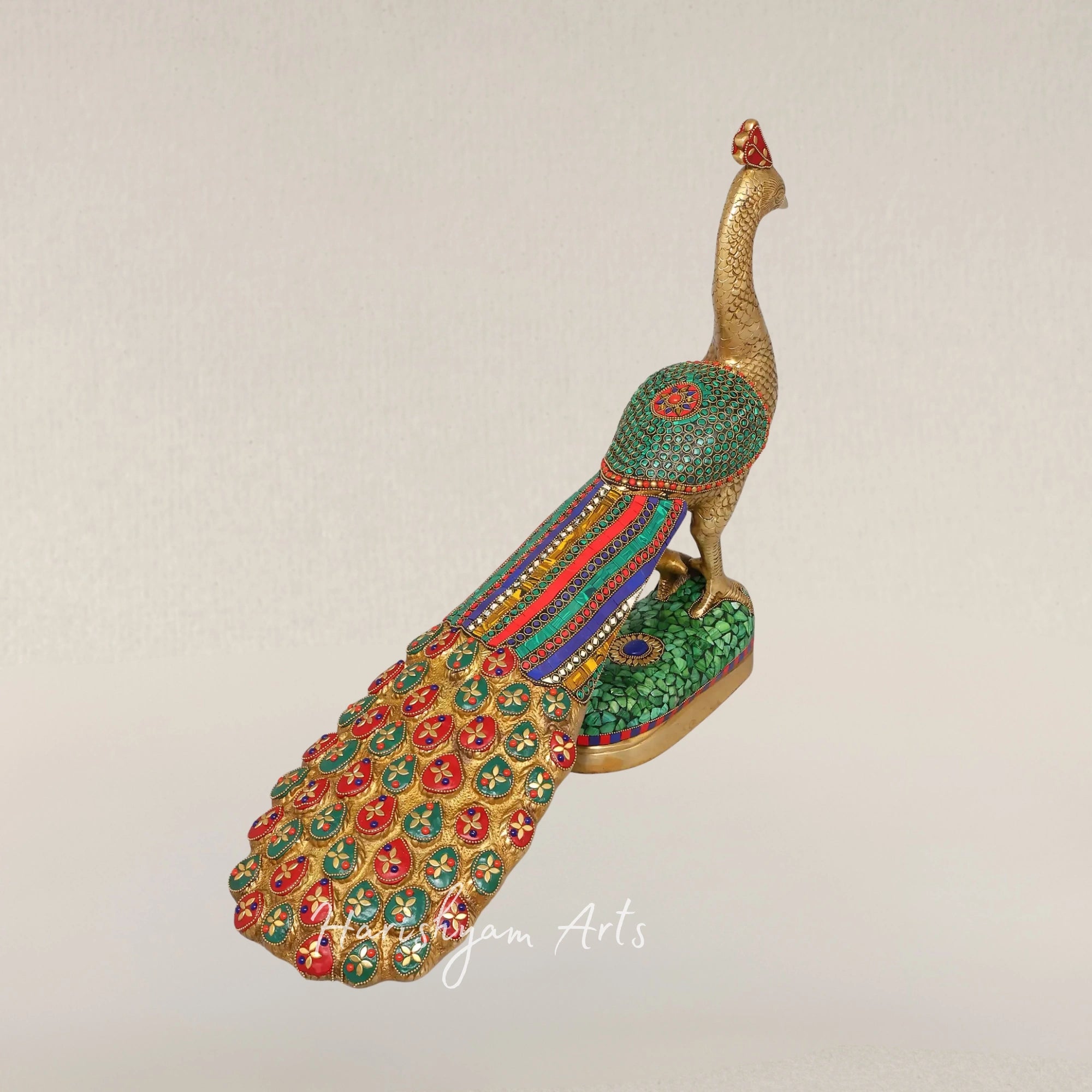 25" Elegant Brass Peacock Sculpture with Intricate Inlay Detailing