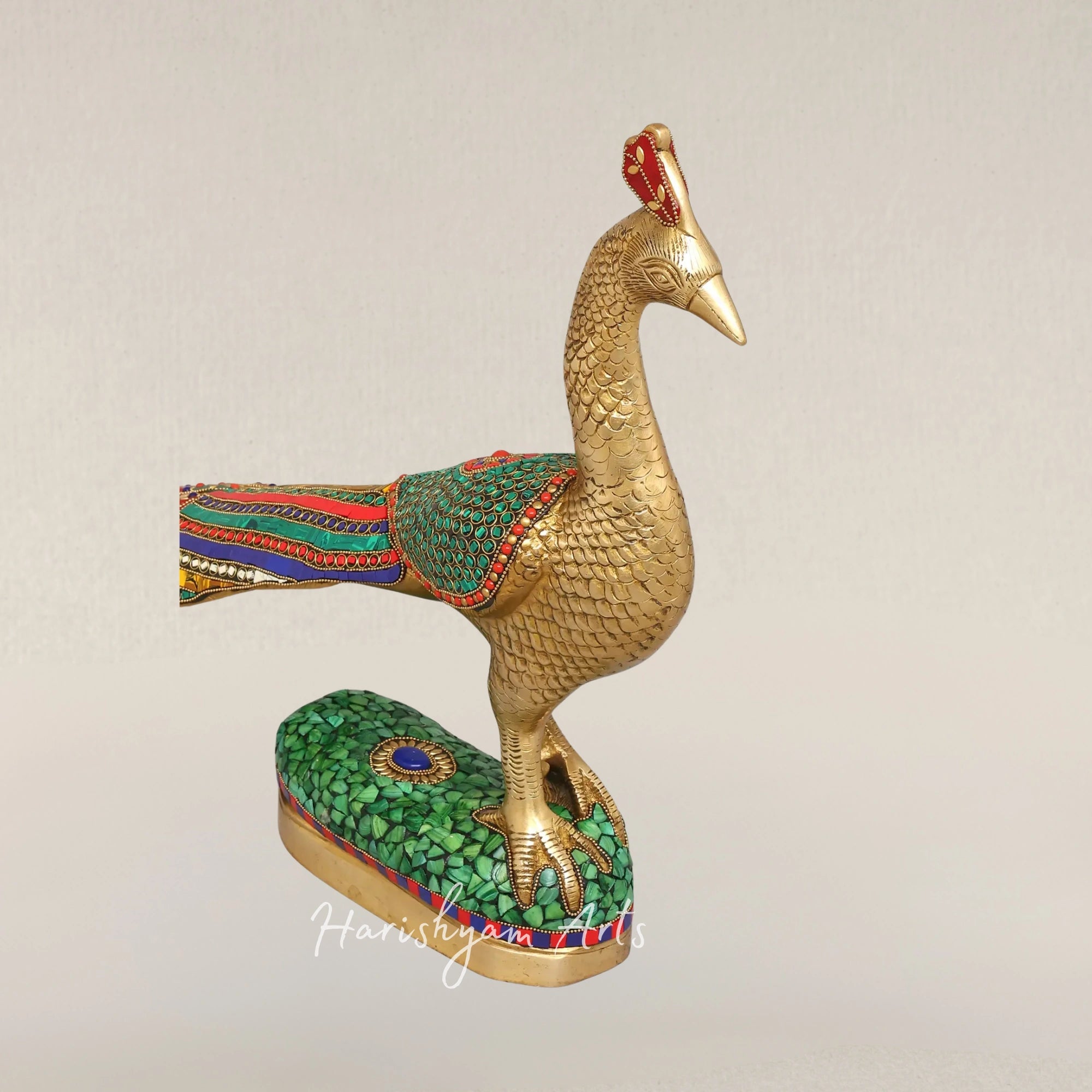 25" Elegant Brass Peacock Sculpture with Intricate Inlay Detailing
