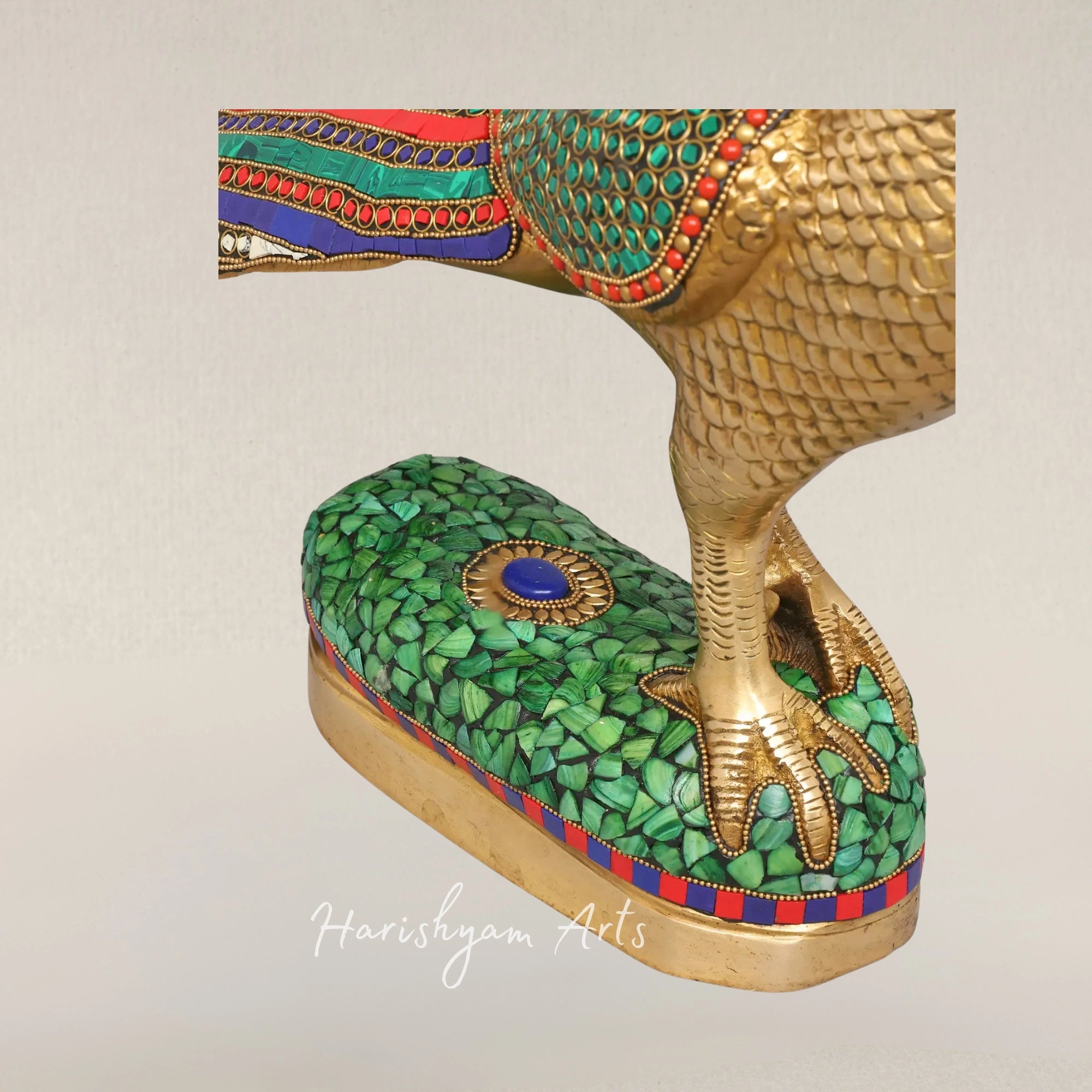 25" Elegant Brass Peacock Sculpture with Intricate Inlay Detailing