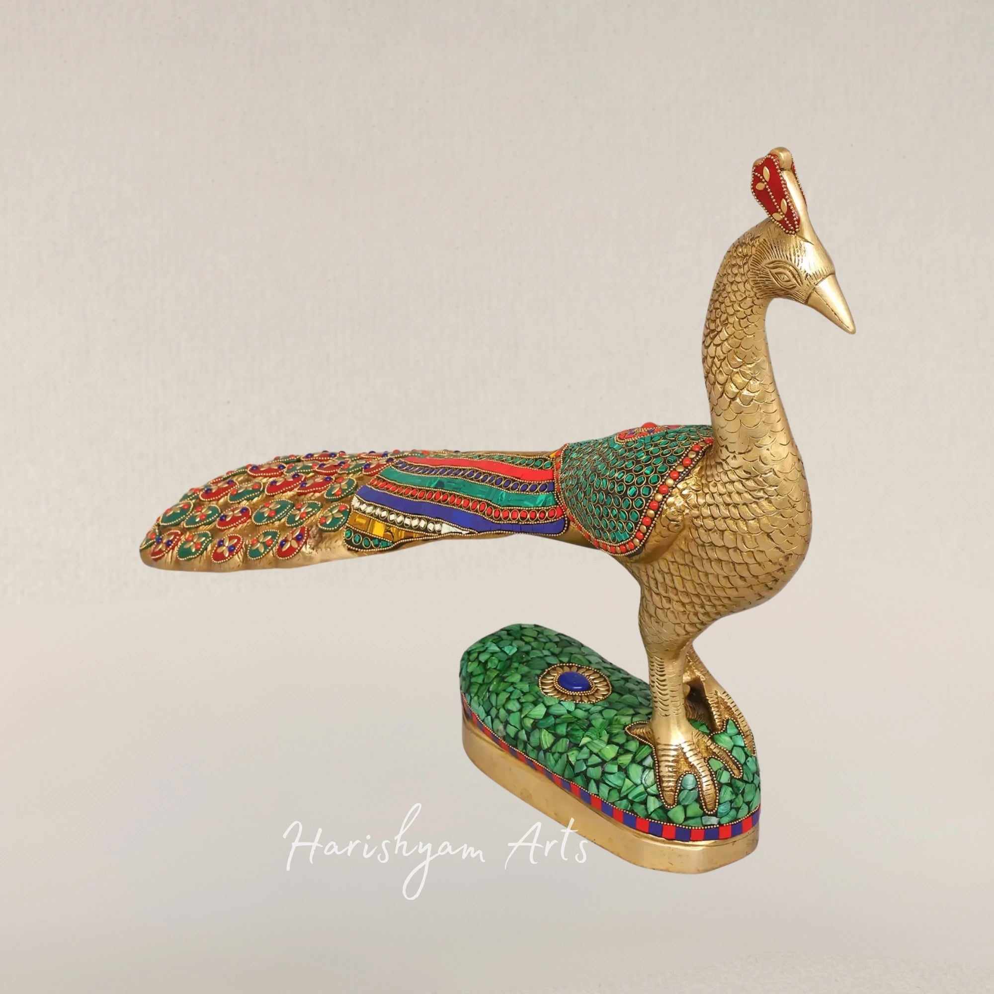 25" Elegant Brass Peacock Sculpture with Intricate Inlay Detailing