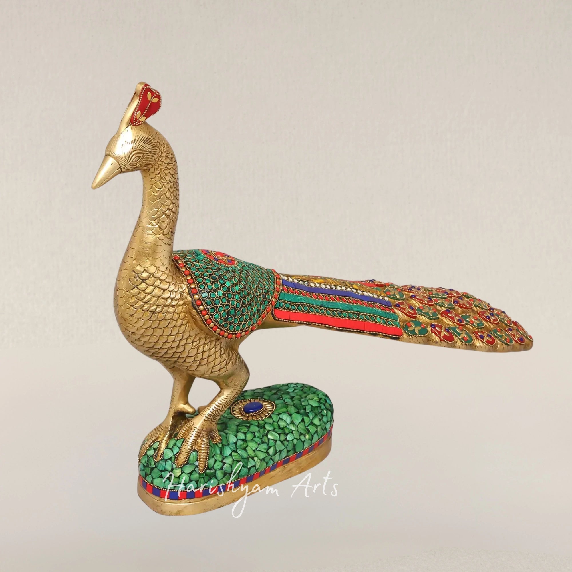 25" Elegant Brass Peacock Sculpture with Intricate Inlay Detailing