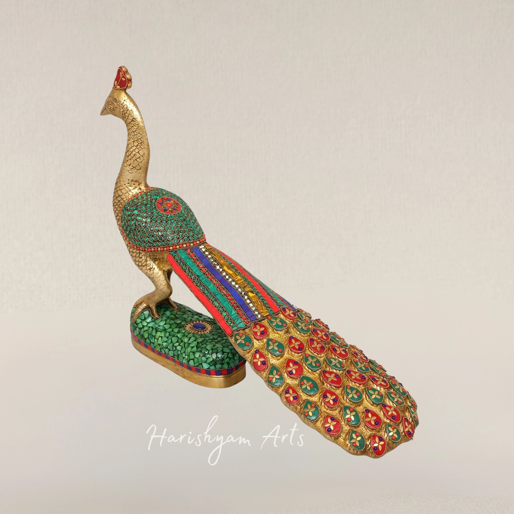 25" Elegant Brass Peacock Sculpture with Intricate Inlay Detailing