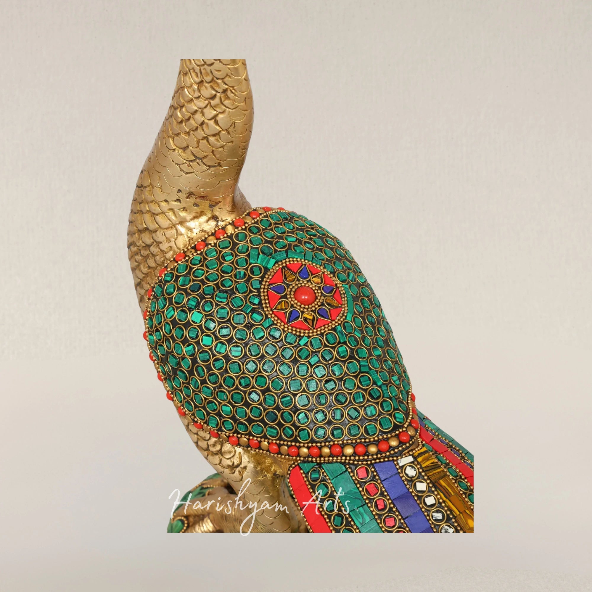 25" Elegant Brass Peacock Sculpture with Intricate Inlay Detailing