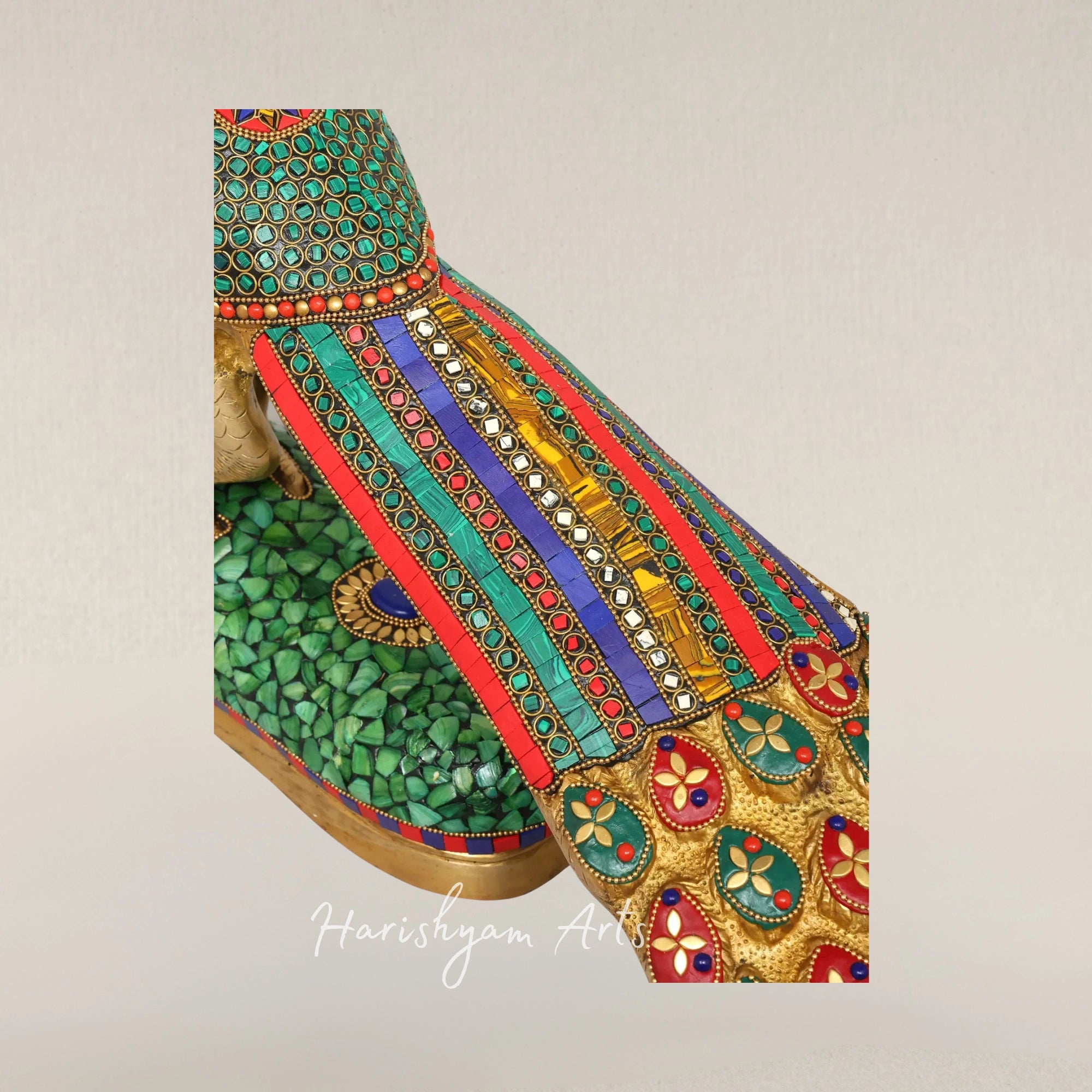 25" Elegant Brass Peacock Sculpture with Intricate Inlay Detailing