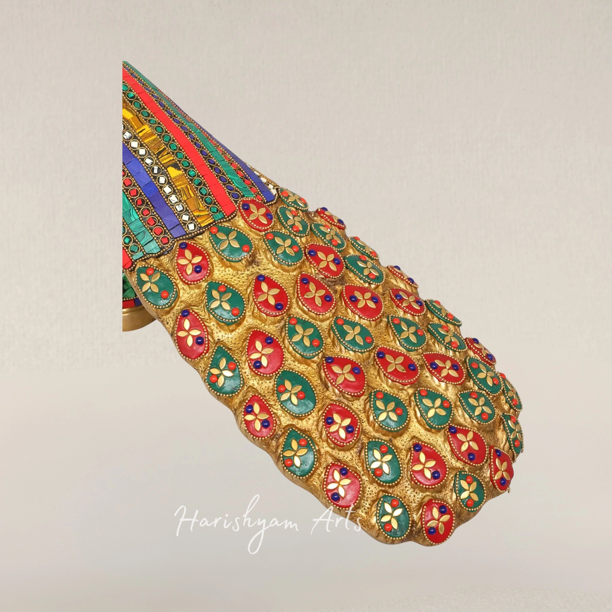 25" Elegant Brass Peacock Sculpture with Intricate Inlay Detailing