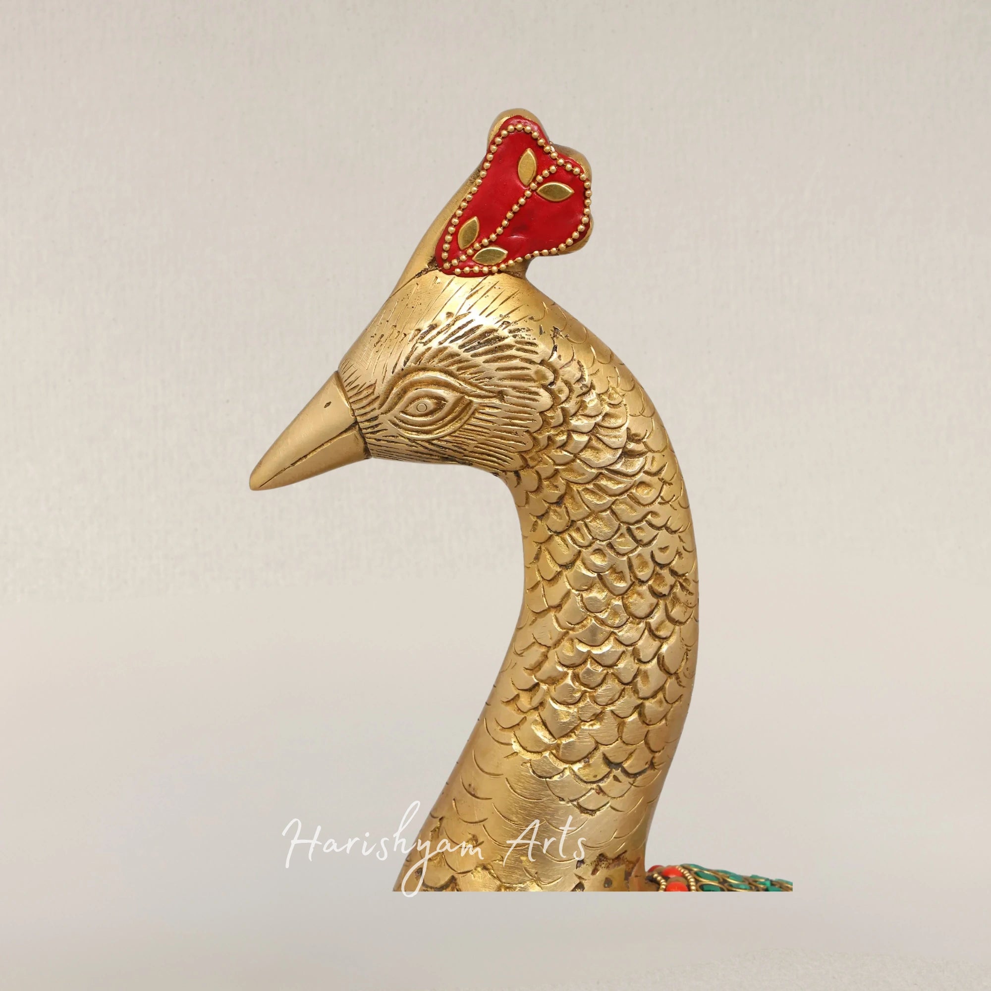 25" Elegant Brass Peacock Sculpture with Intricate Inlay Detailing