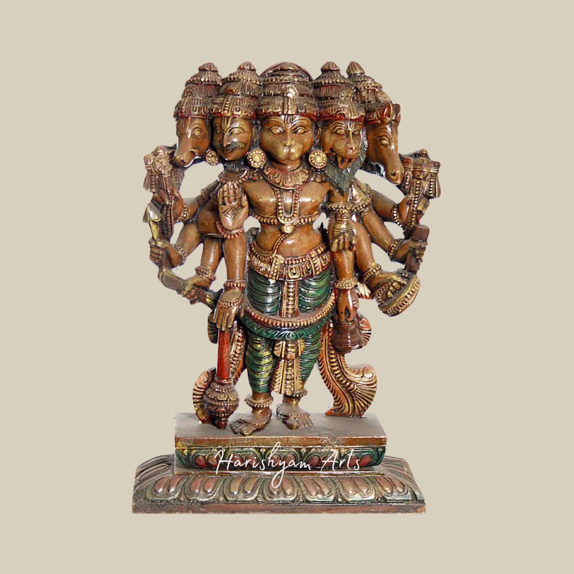 25" Five-Headed Hanuman Wooden Sculpture with Intricate Carving