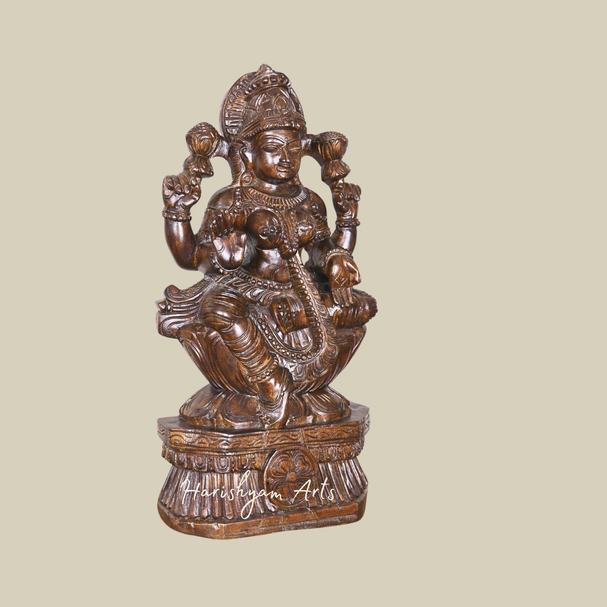 25" Lakshmi Goddess Wooden Statue Seated on a Lotus Flower with Polished Finish