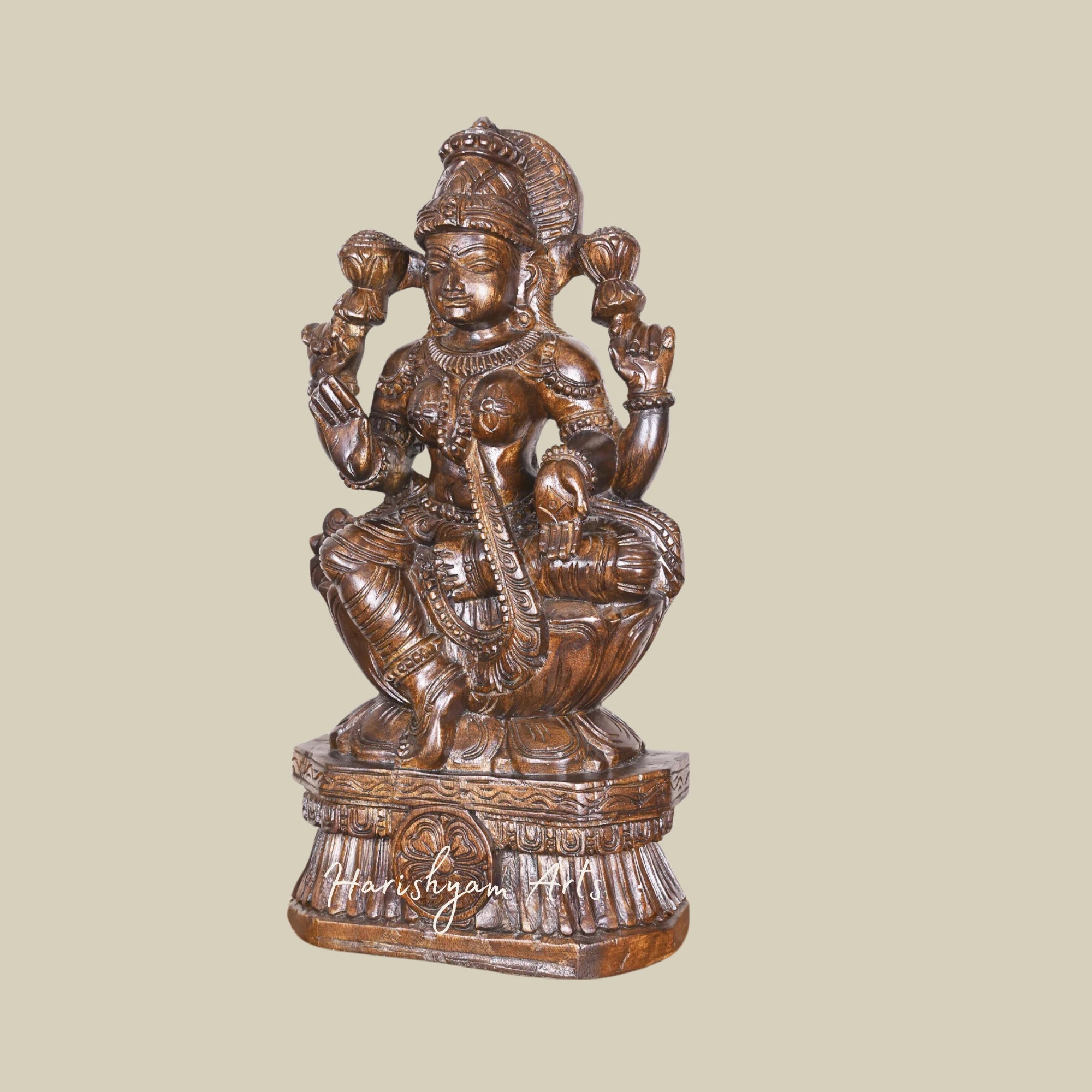 25" Lakshmi Goddess Wooden Statue Seated on a Lotus Flower with Polished Finish1