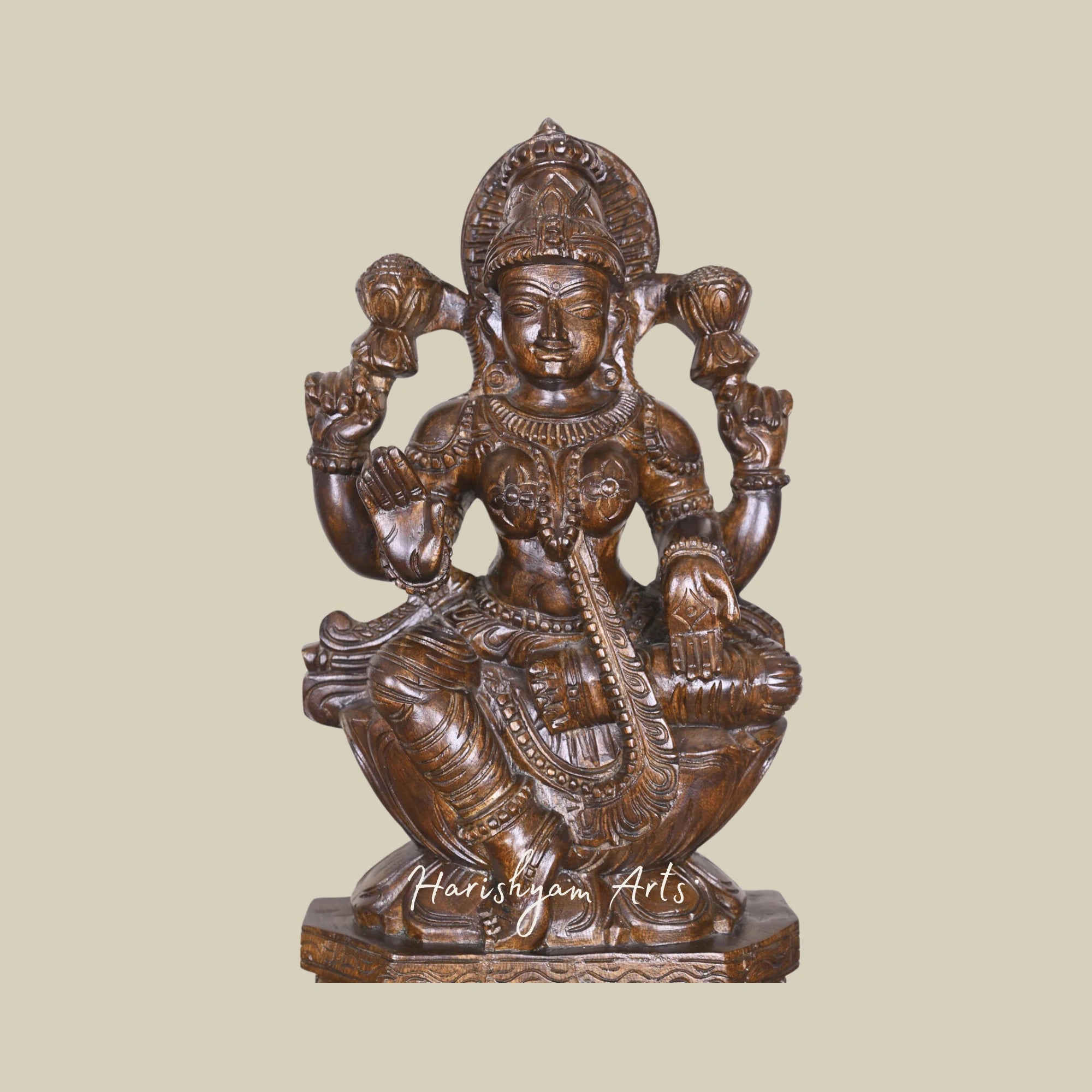 25" Lakshmi Goddess Wooden Statue Seated on a Lotus Flower with Polished Finish2