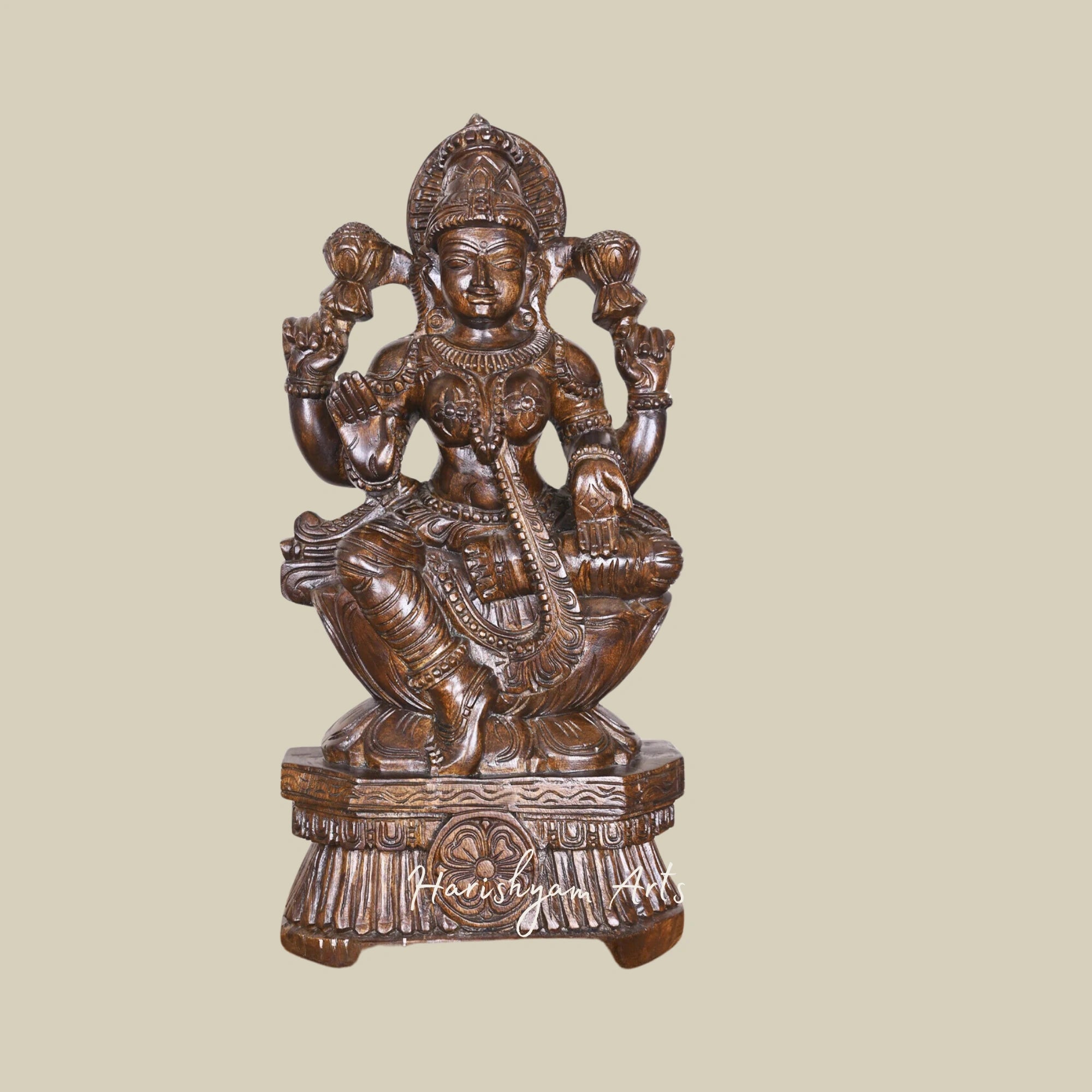 25" Lakshmi Goddess Wooden Statue Seated on a Lotus Flower with Polished Finish3