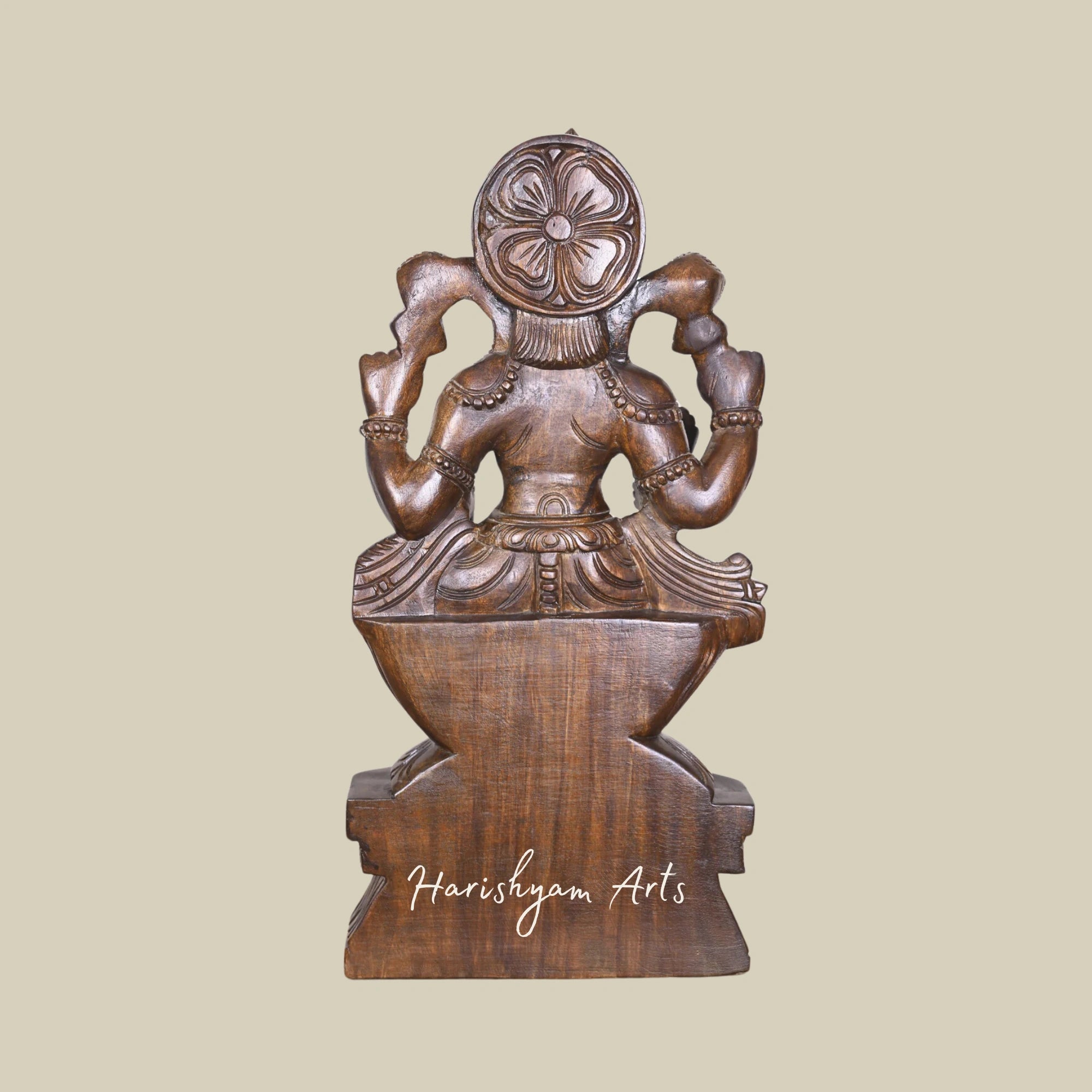 25" Lakshmi Goddess Wooden Statue Seated on a Lotus Flower with Polished Finish4