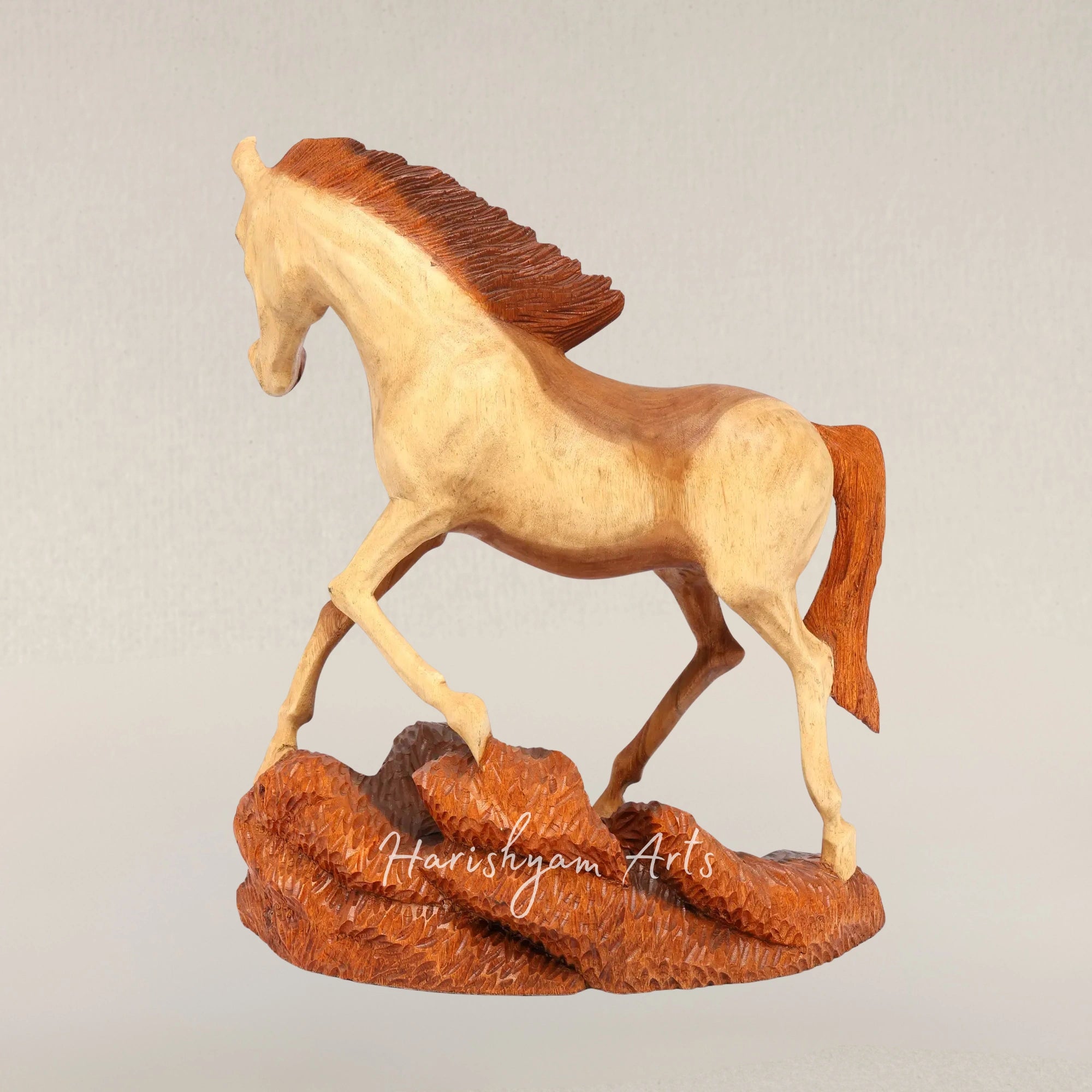 25" Ornate Wooden Horse Sculpture for Artistic Home Decor