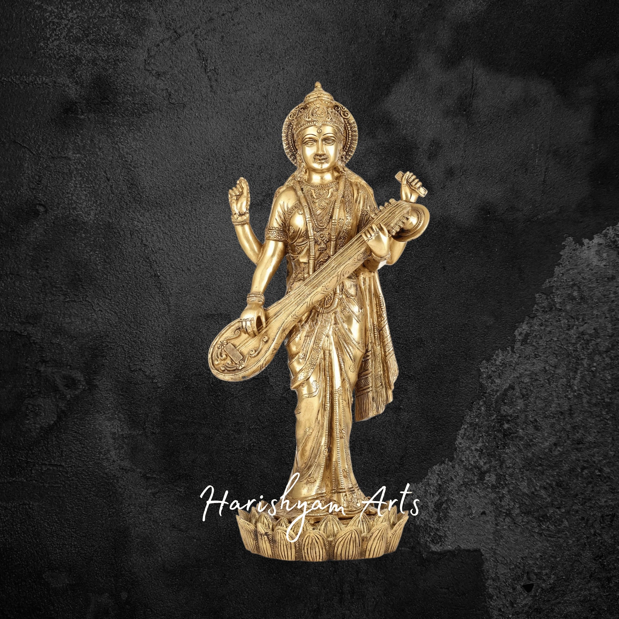 25" Superfine Standing Saraswati Brass Sculpture with Rich Cultural Craftsmanship