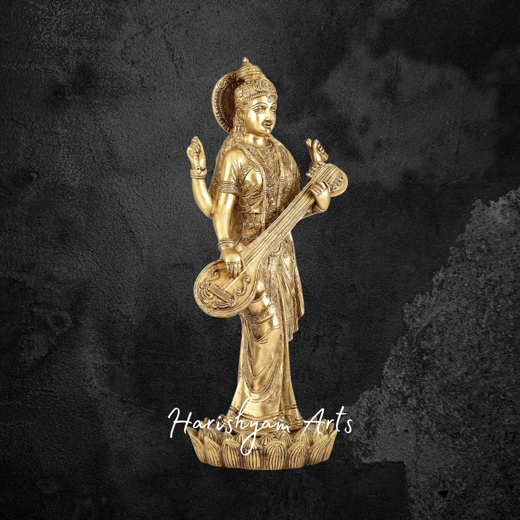 25" Superfine Standing Saraswati Brass Sculpture with Rich Cultural Craftsmanship