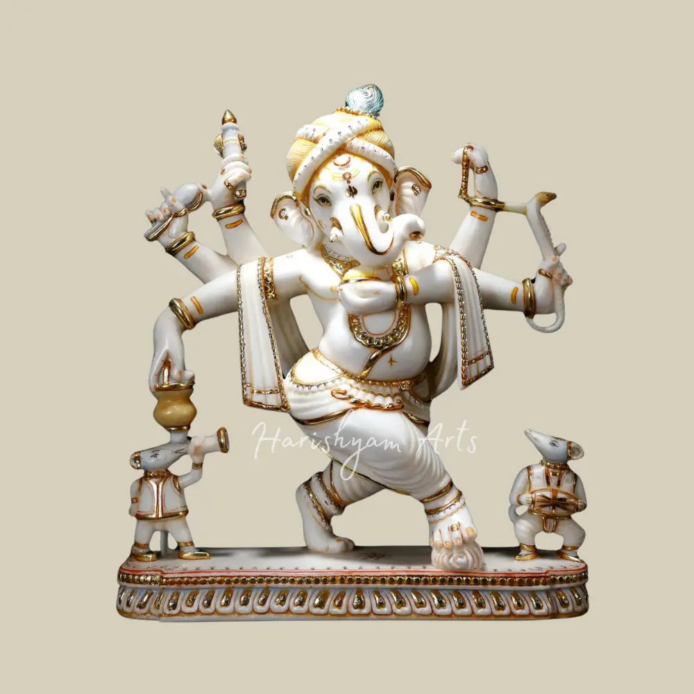 25" Six Armed Dancing Lord Ganesha with Mushak White Marble Statue