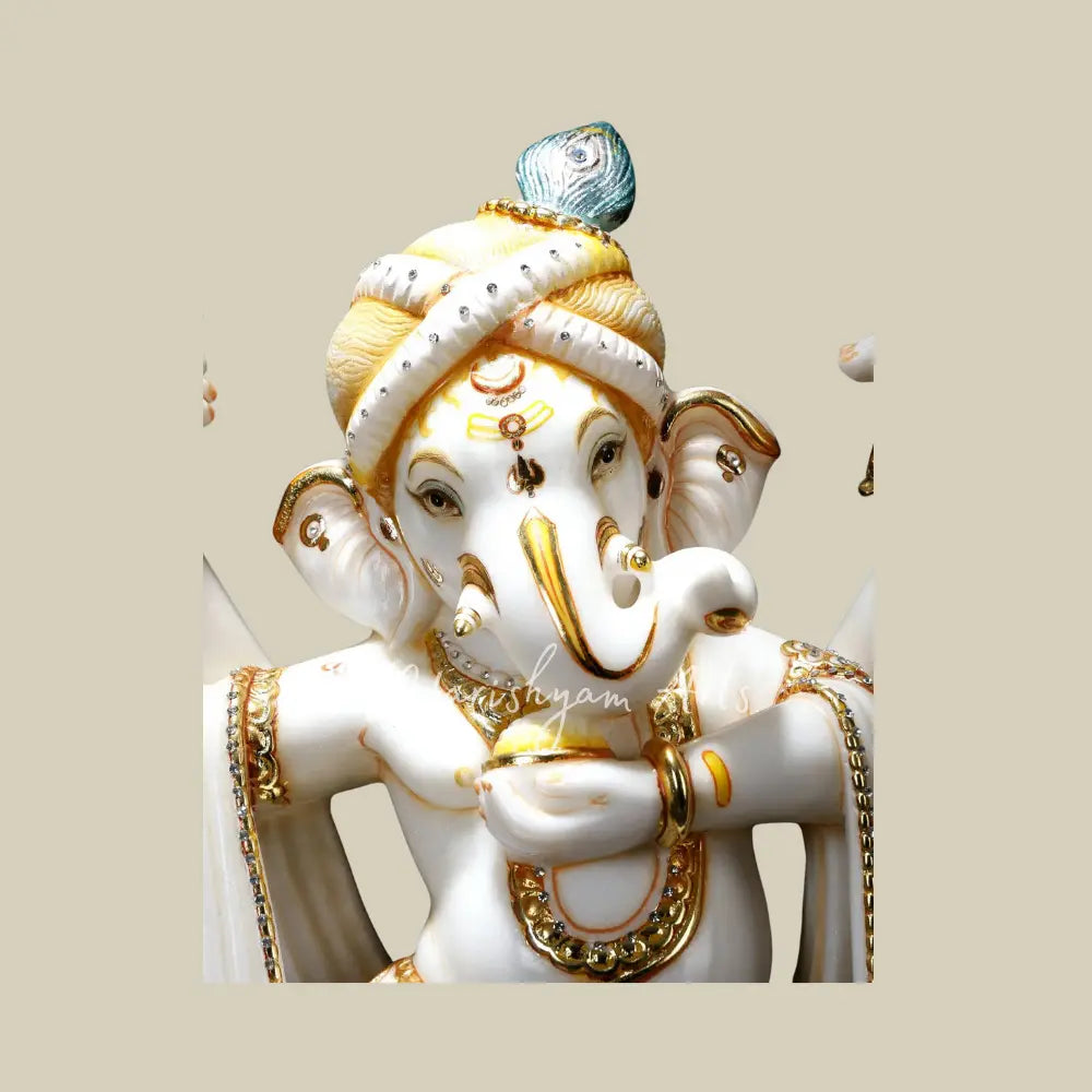 25" Six Armed Dancing Lord Ganesha with Mushak White Marble Statue