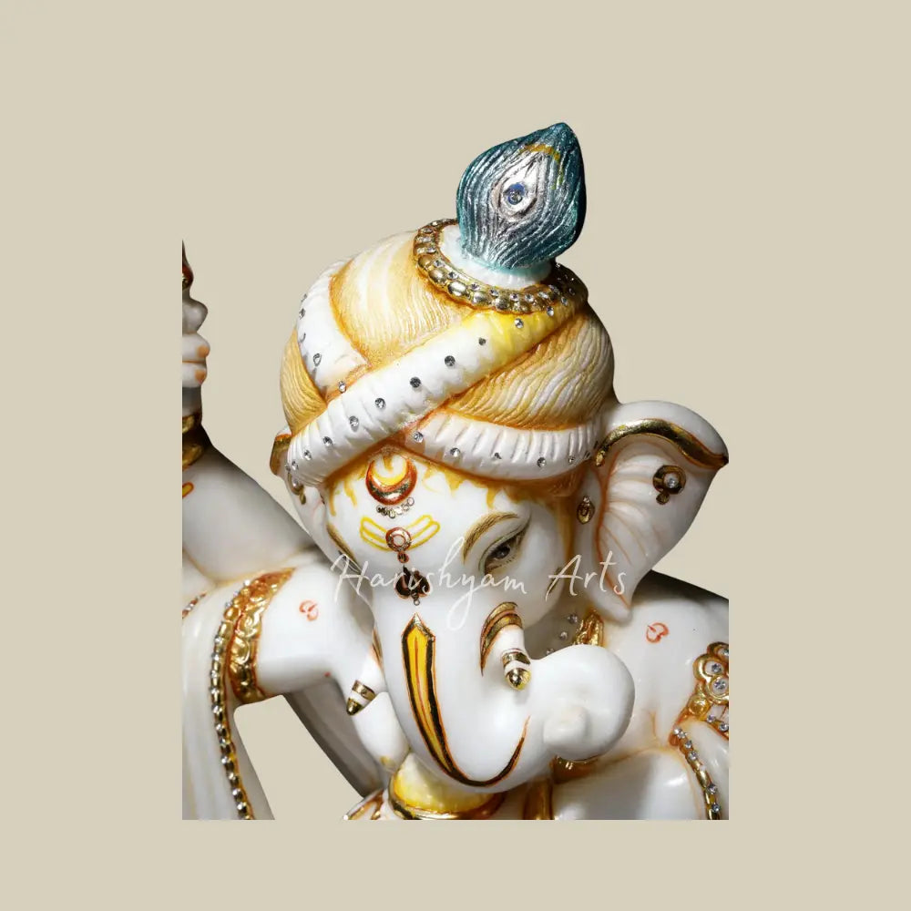 25" Six Armed Dancing Lord Ganesha with Mushak White Marble Statue