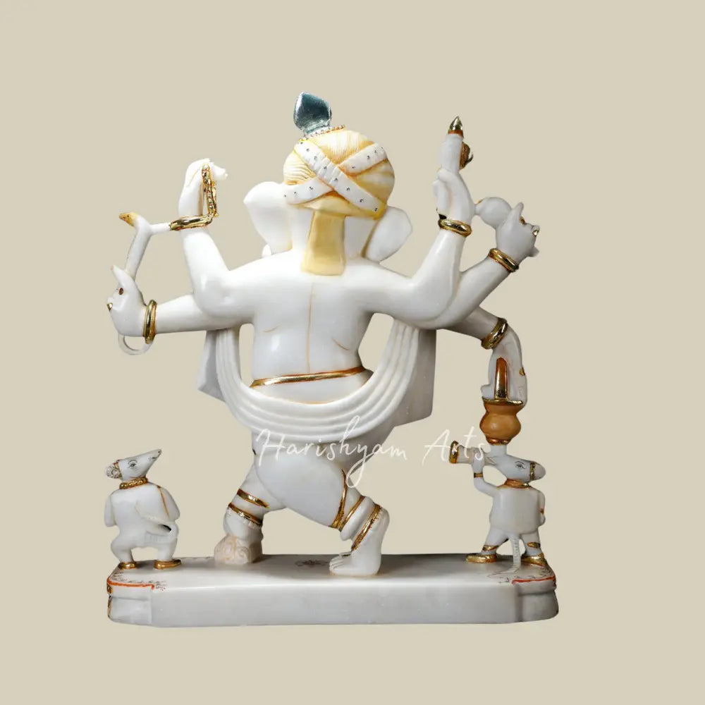 25" Six Armed Dancing Lord Ganesha with Mushak White Marble Statue