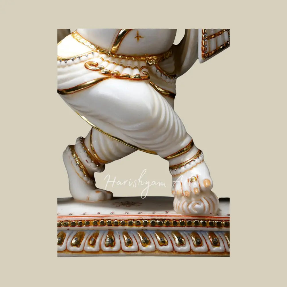 25" Six Armed Dancing Lord Ganesha with Mushak White Marble Statue