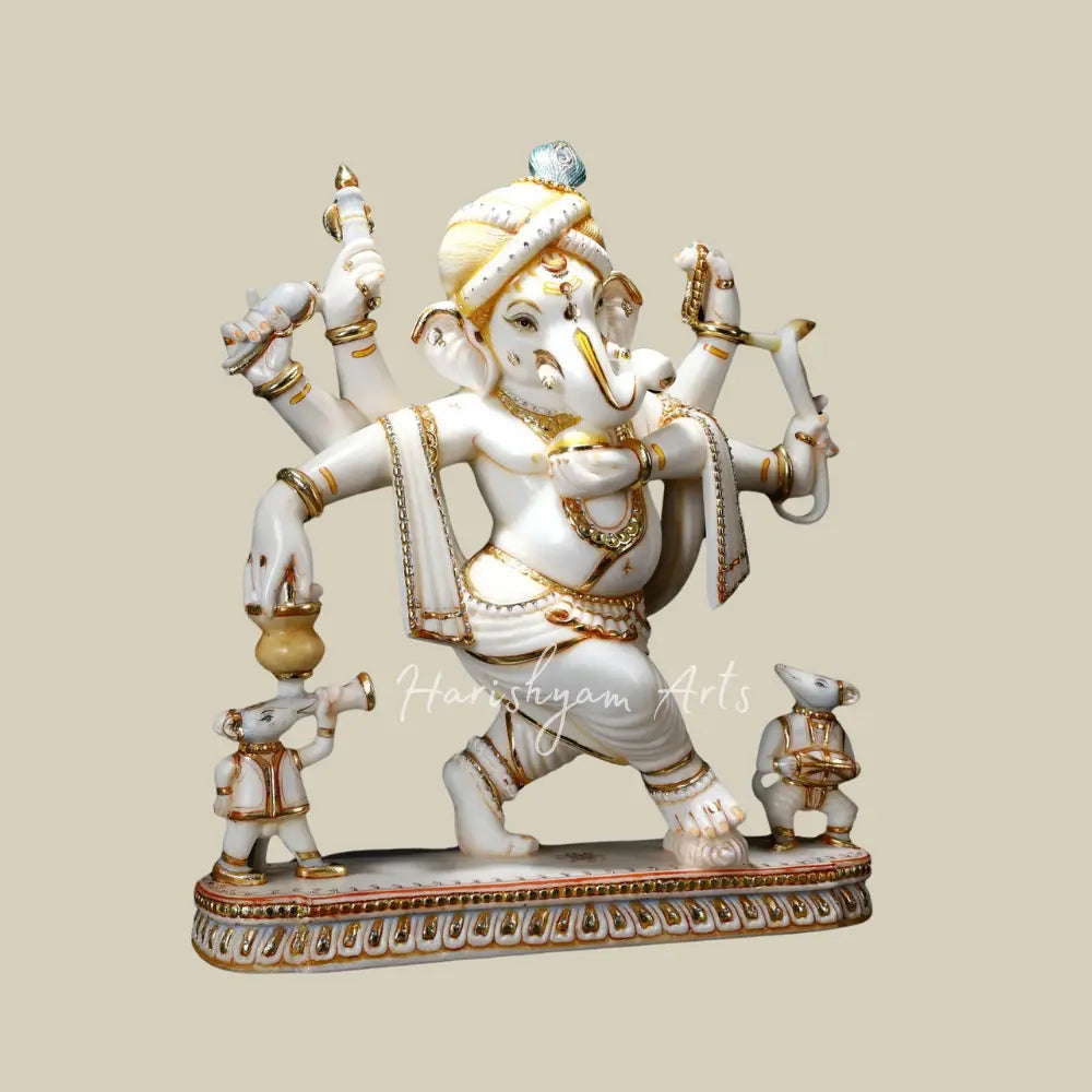 25" Six Armed Dancing Lord Ganesha with Mushak White Marble Statue