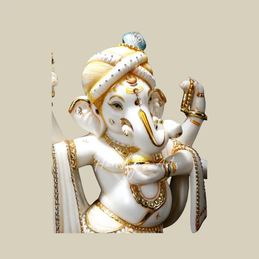 25" Six Armed Dancing Lord Ganesha with Mushak White Marble Statue