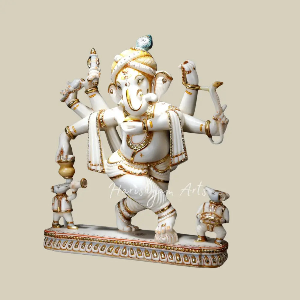 25" Six Armed Dancing Lord Ganesha with Mushak White Marble Statue