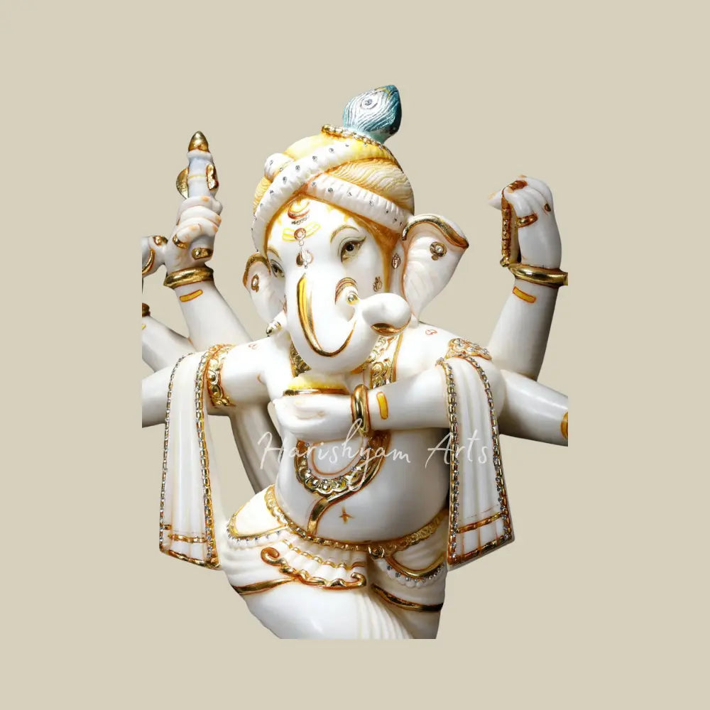 25" Six Armed Dancing Lord Ganesha with Mushak White Marble Statue