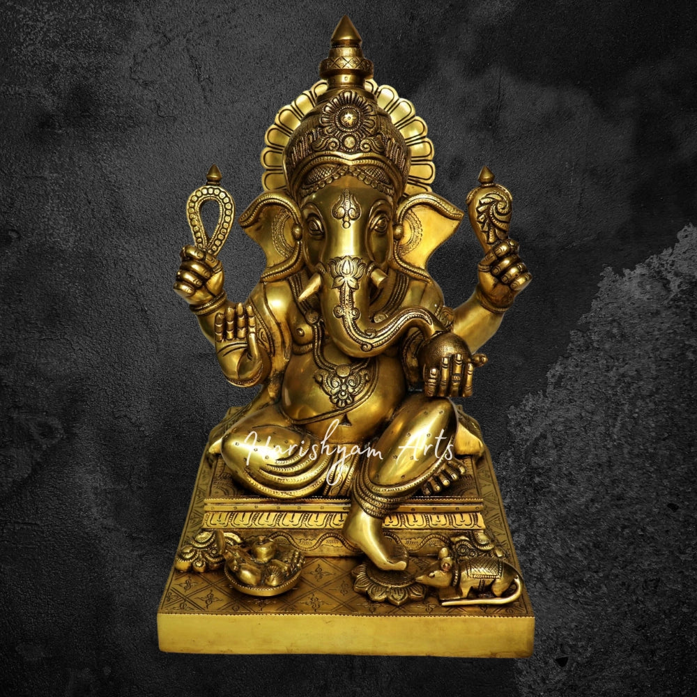 26" Brass Ganesha Statue Sitting on Lalitsana