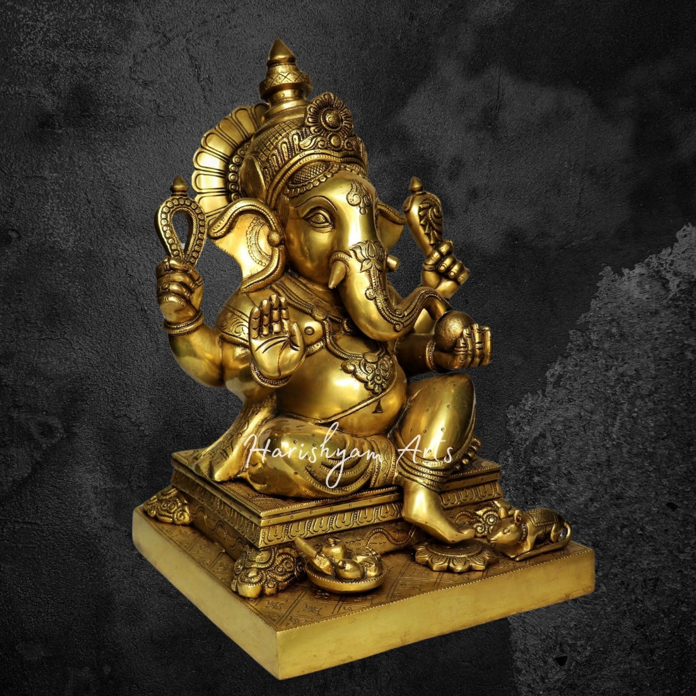 26" Brass Ganesha Statue Sitting on Lalitsana