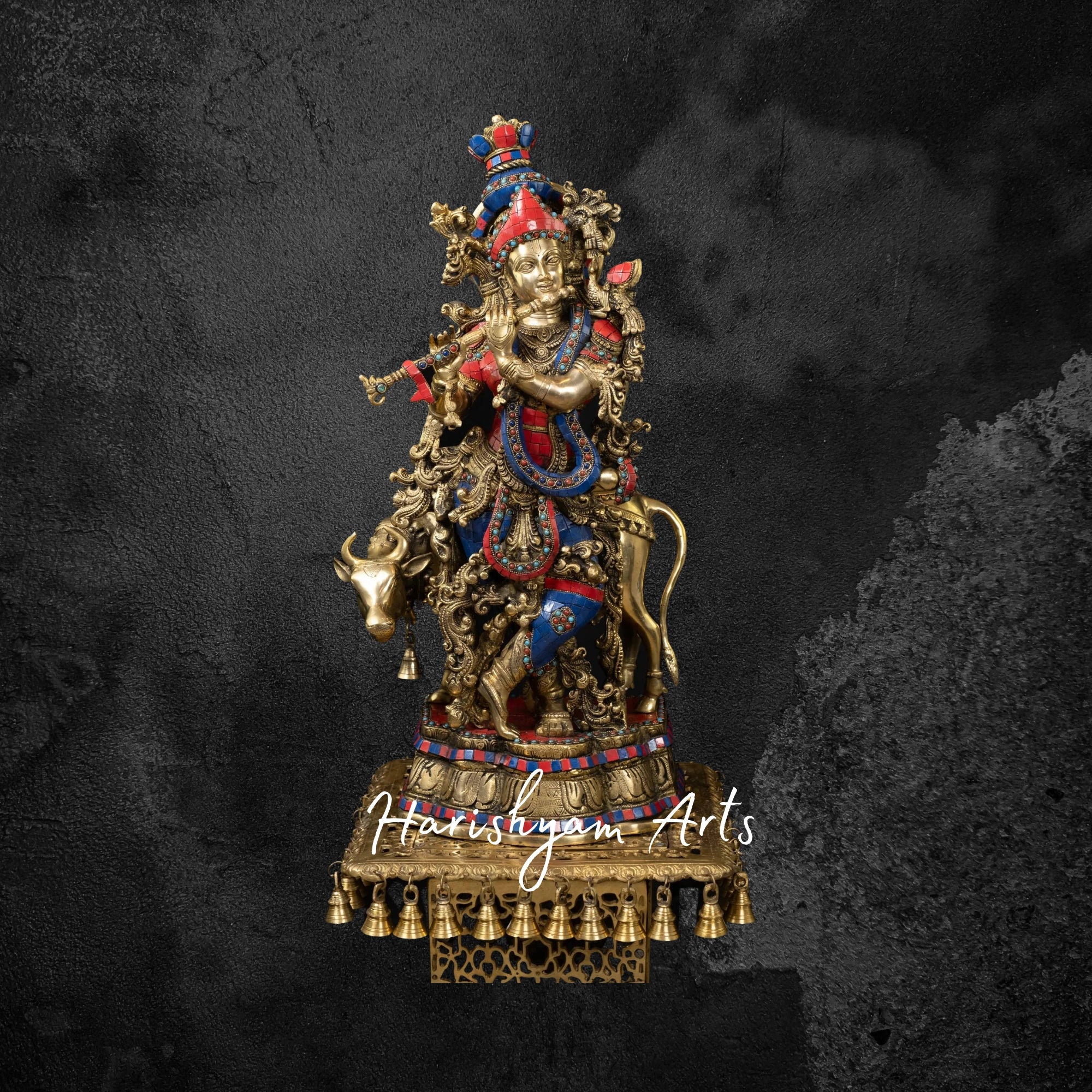 26" Brass Muralidhara Krishna Playing Flute with Cow, Multicolor Stone Accents