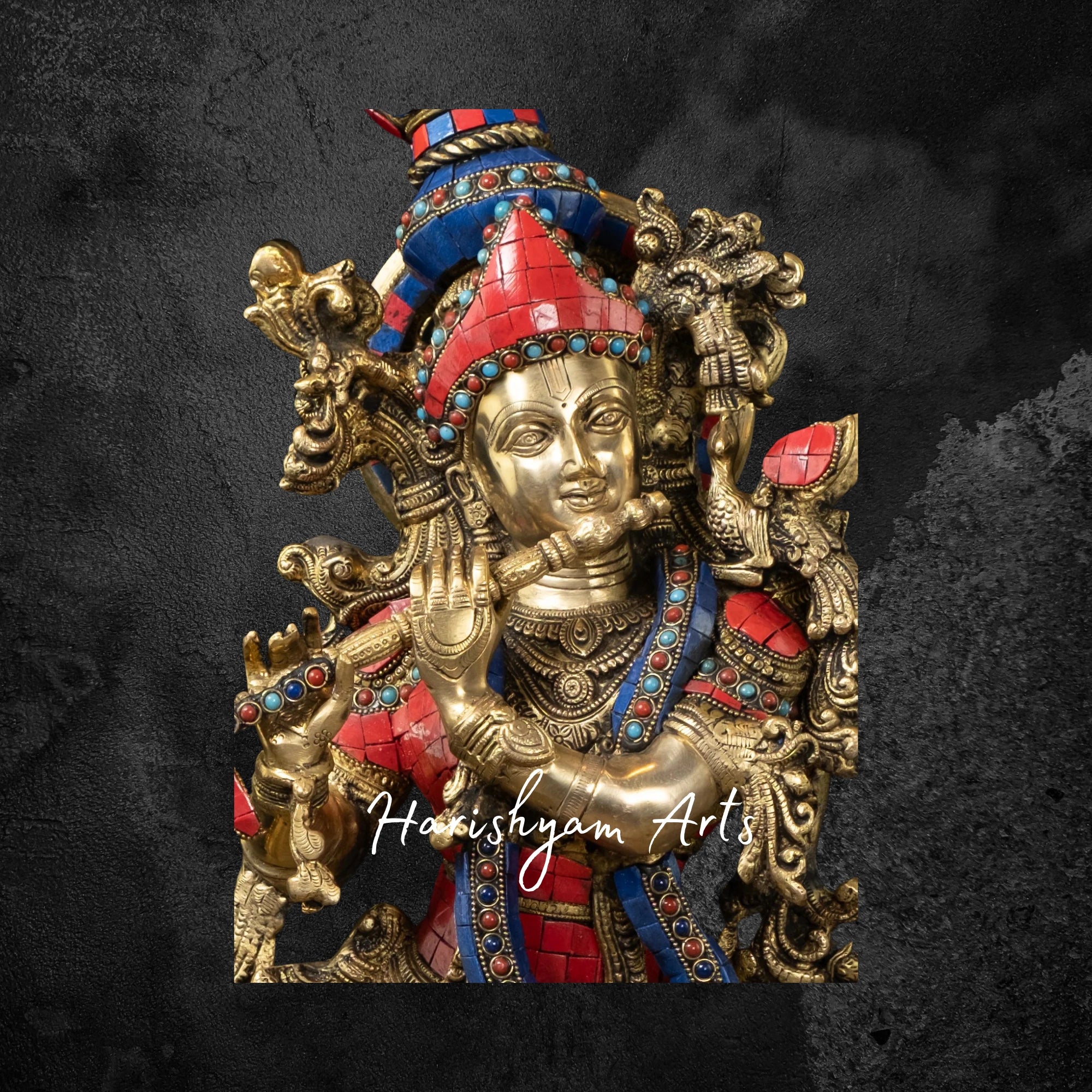 26" Brass Muralidhara Krishna Playing Flute with Cow, Multicolor Stone Accents