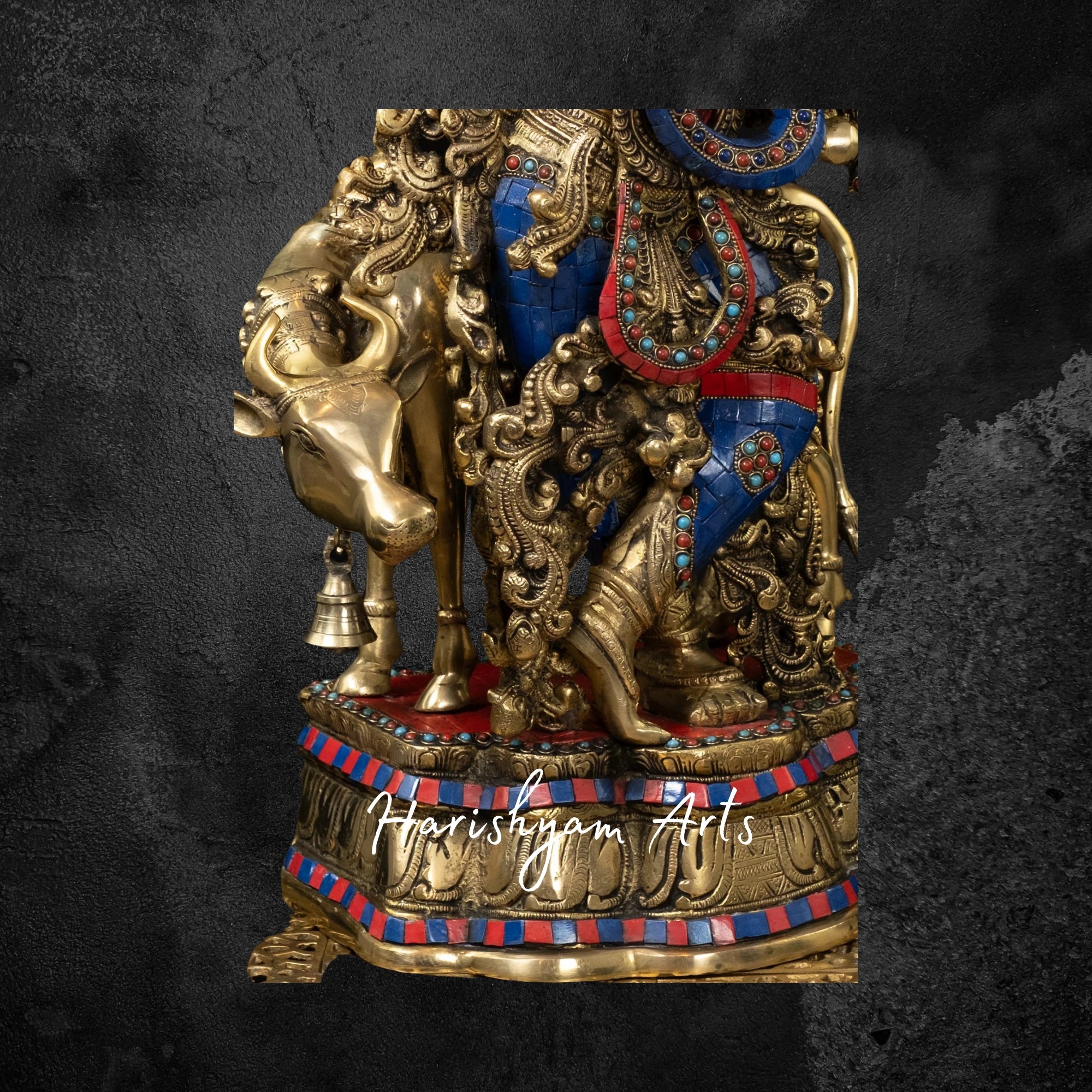 26" Brass Muralidhara Krishna Playing Flute with Cow, Multicolor Stone Accents