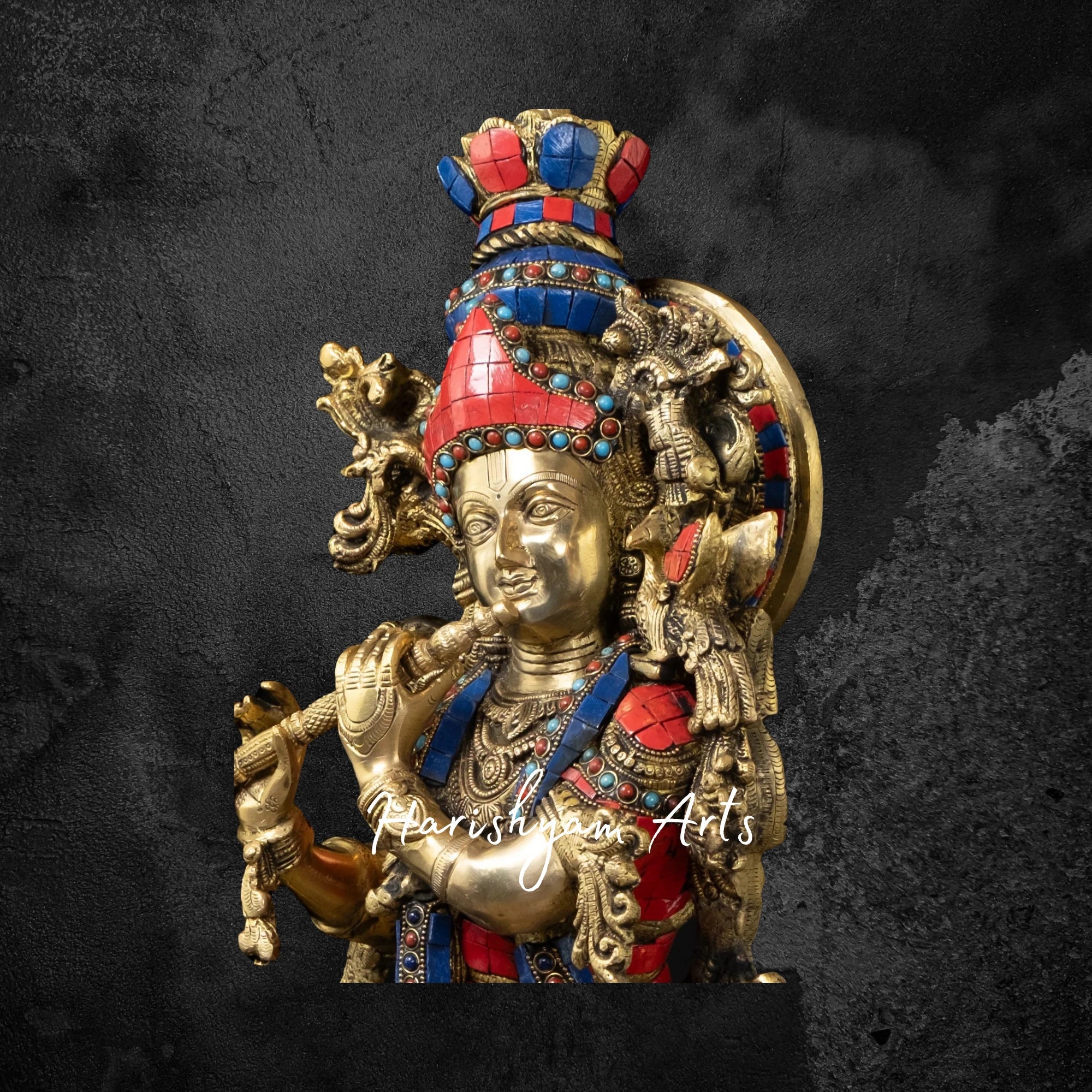 26" Brass Muralidhara Krishna Playing Flute with Cow, Multicolor Stone Accents