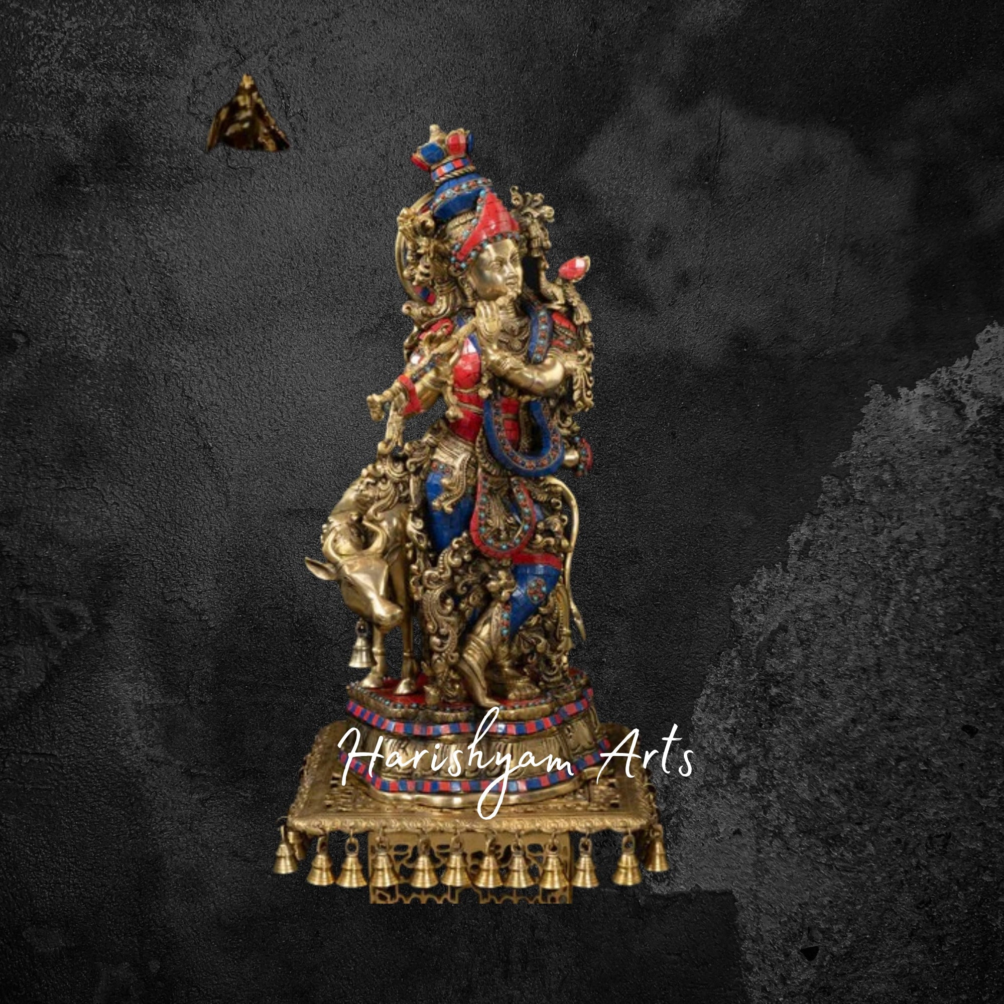 26" Brass Muralidhara Krishna Playing Flute with Cow, Multicolor Stone Accents