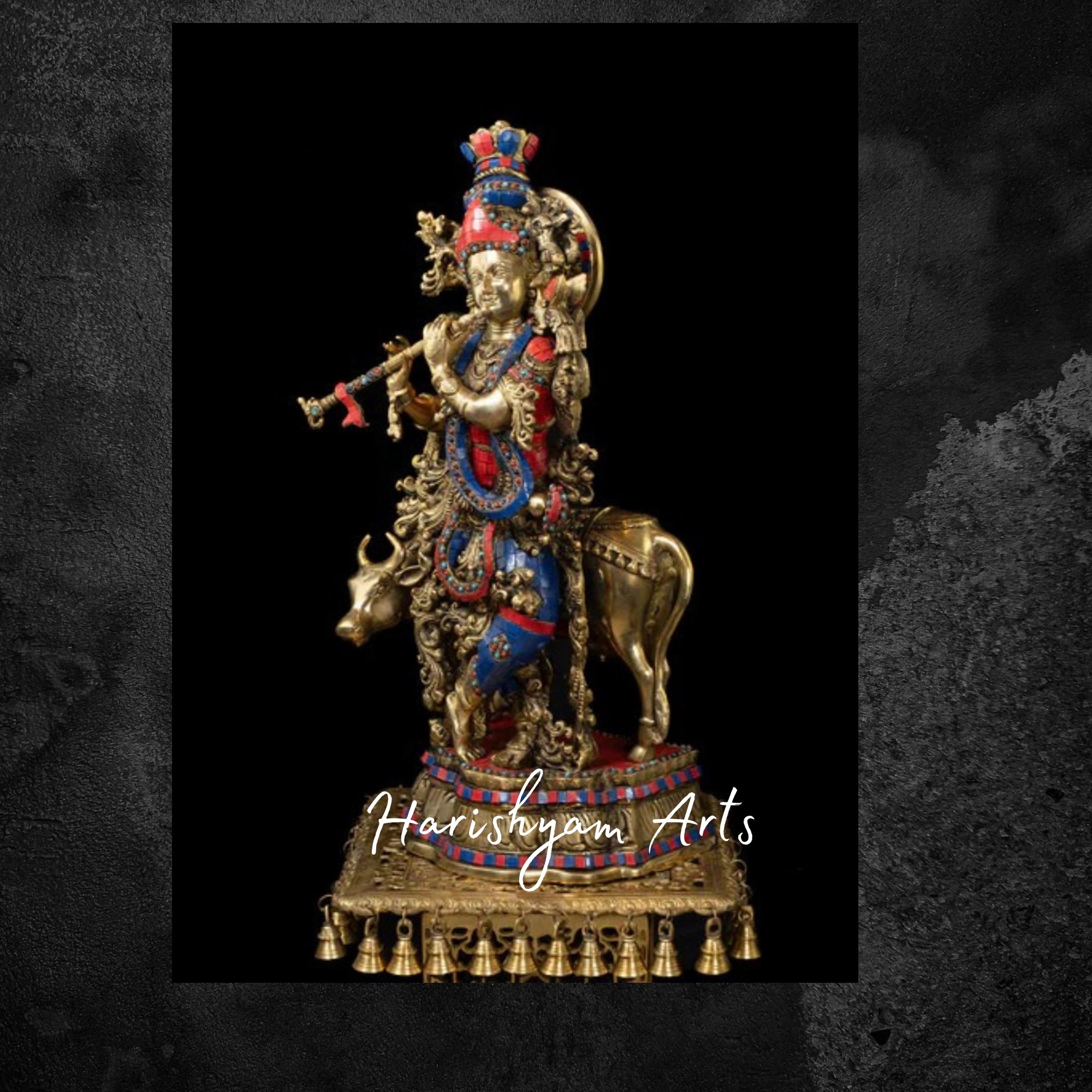 26" Brass Muralidhara Krishna Playing Flute with Cow, Multicolor Stone Accents