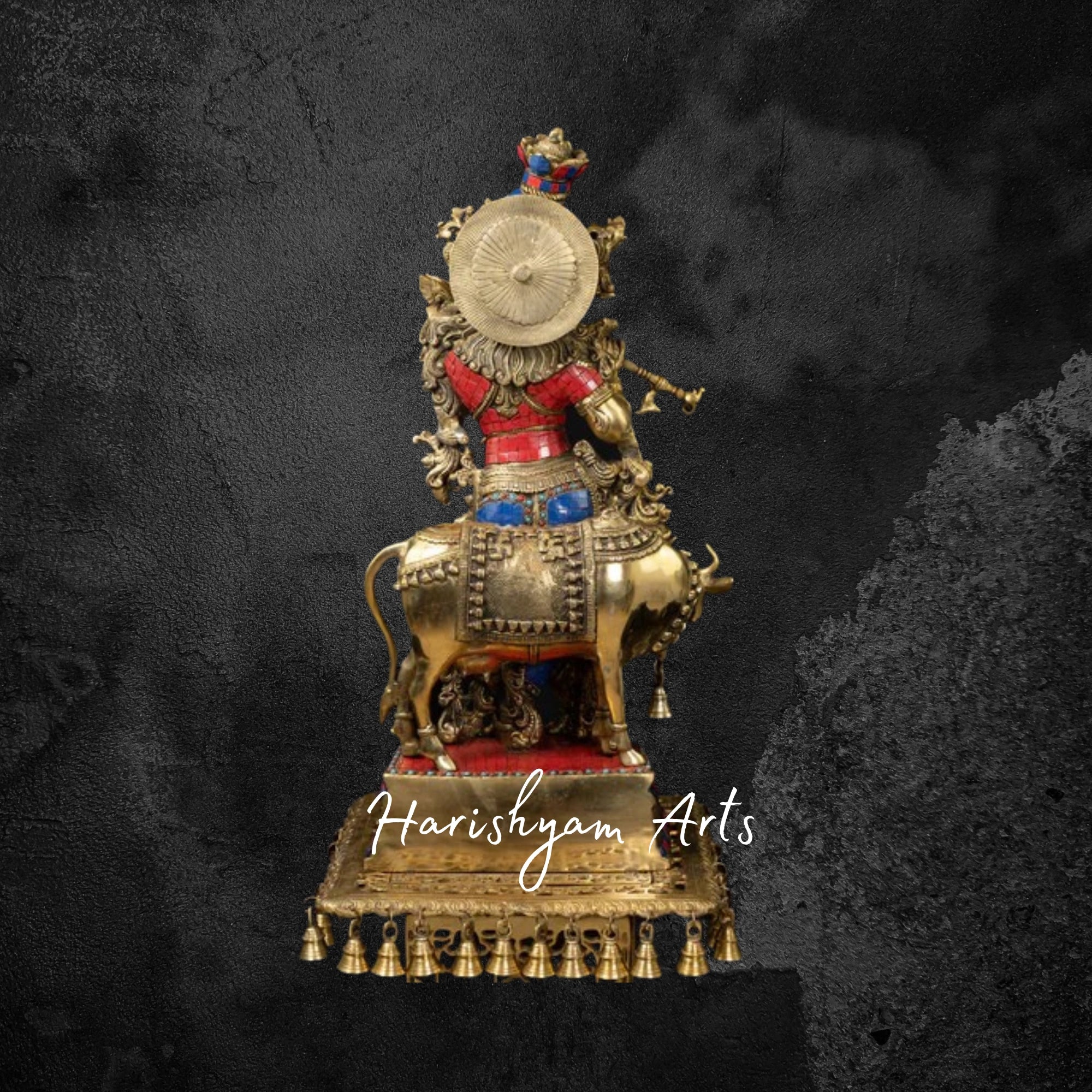 26" Brass Muralidhara Krishna Playing Flute with Cow, Multicolor Stone Accents