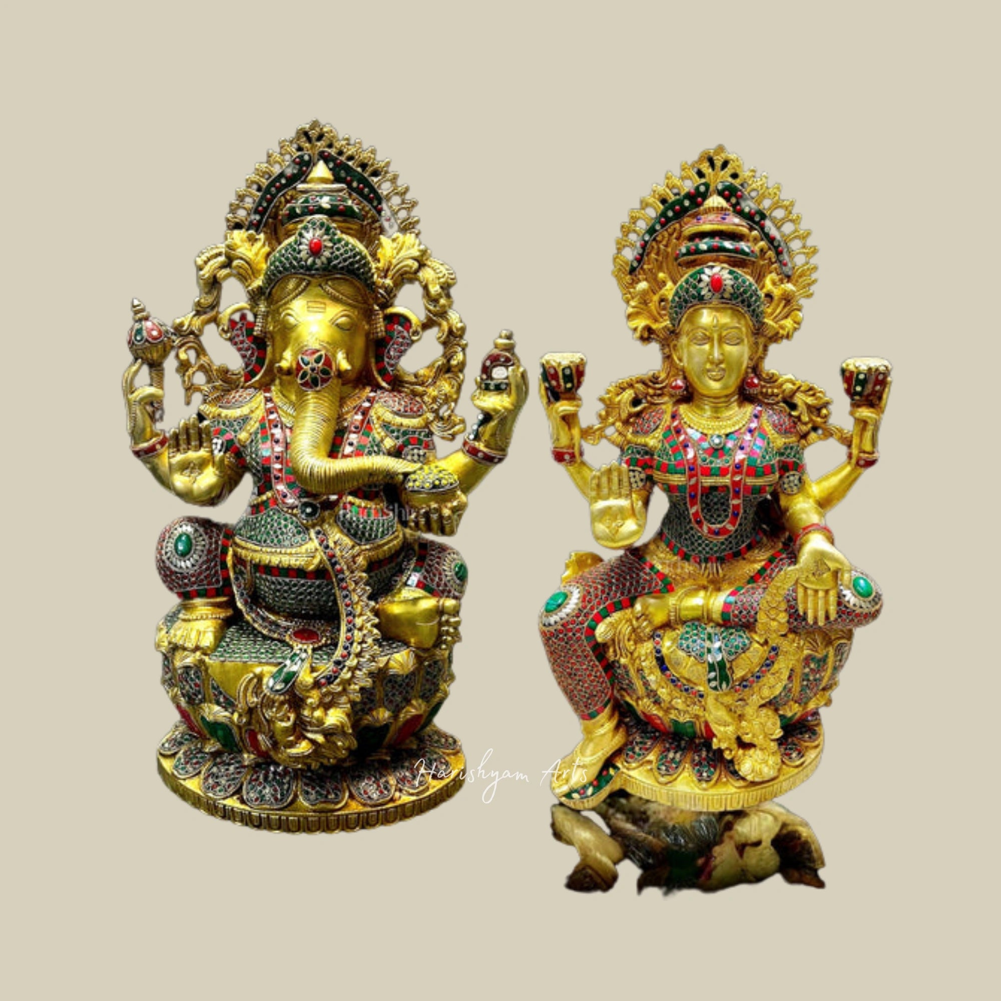 26" Grand Brass Ganesha Lakshmi Saraswati Sculptures in Large Size for Temples