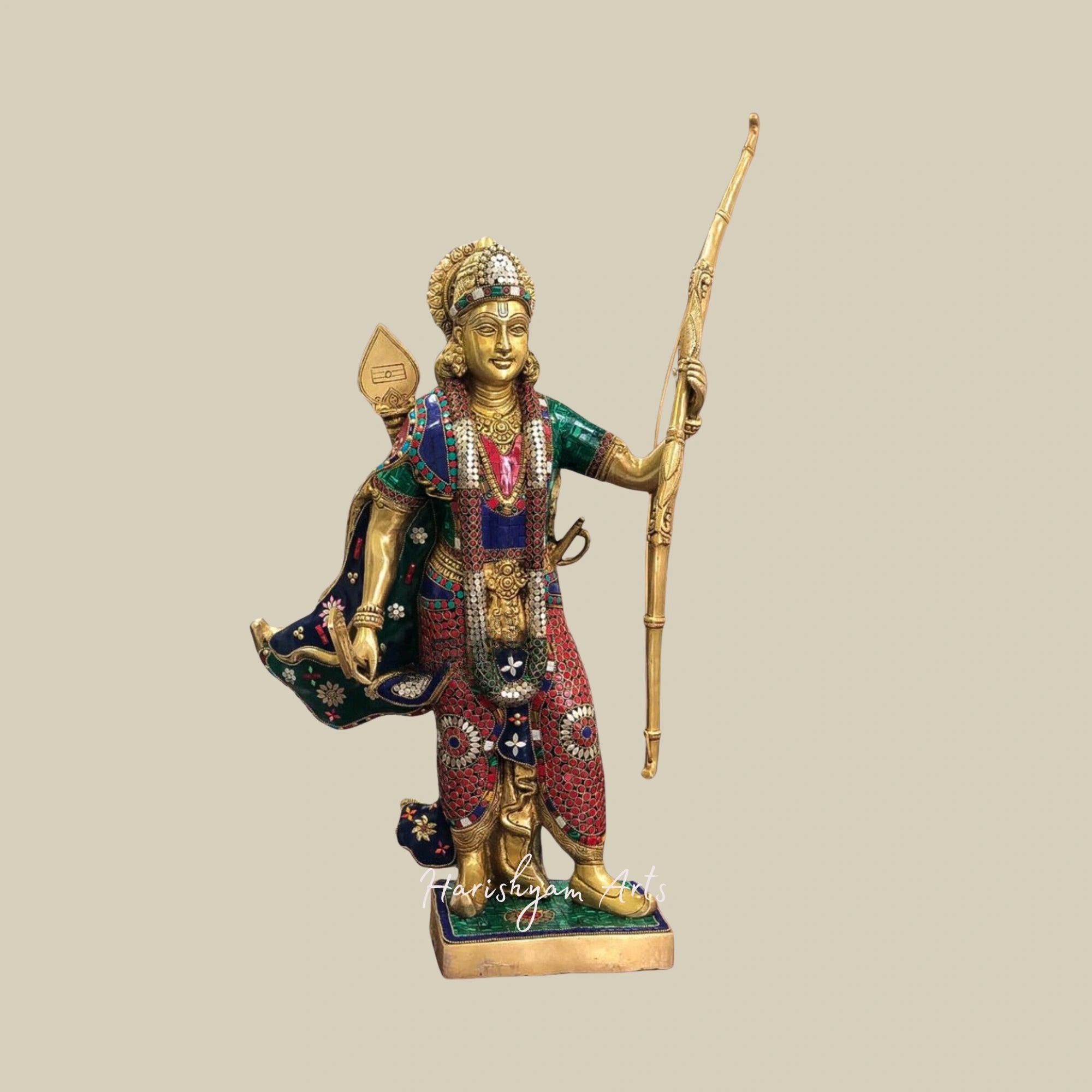 26" Handcrafted Brass Lord Rama Statue with Intricate Multicolor Stonework