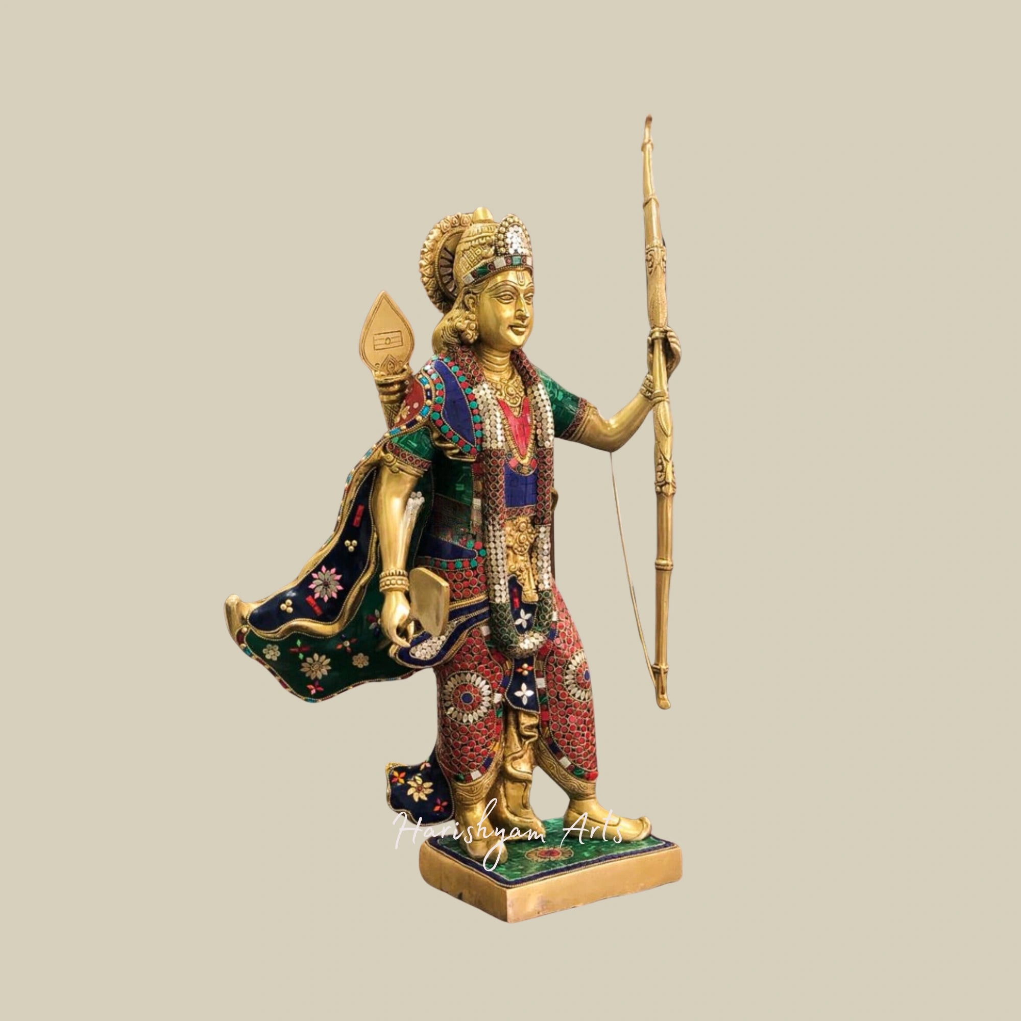 26" Handcrafted Brass Lord Rama Statue with Intricate Multicolor Stonework2